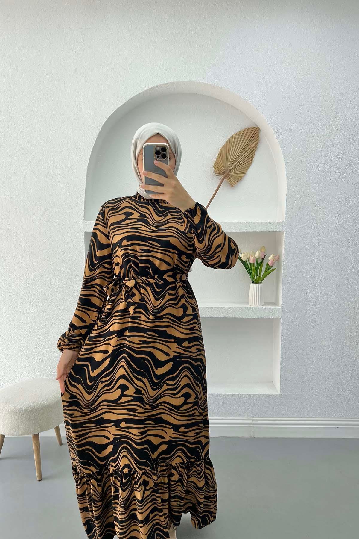 Zebra Desenli Elbise Siyah