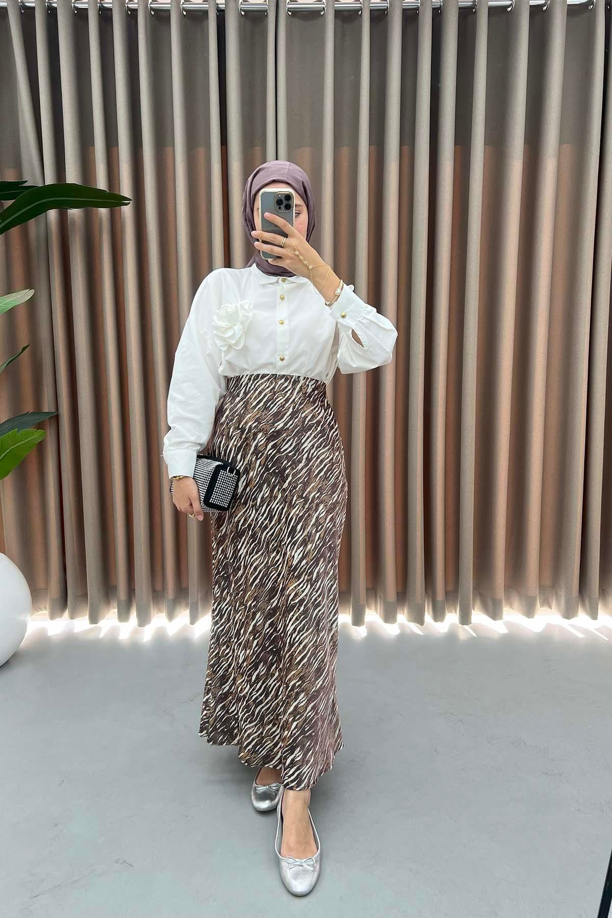 Zebra Desenli Parlak Etek Kahve