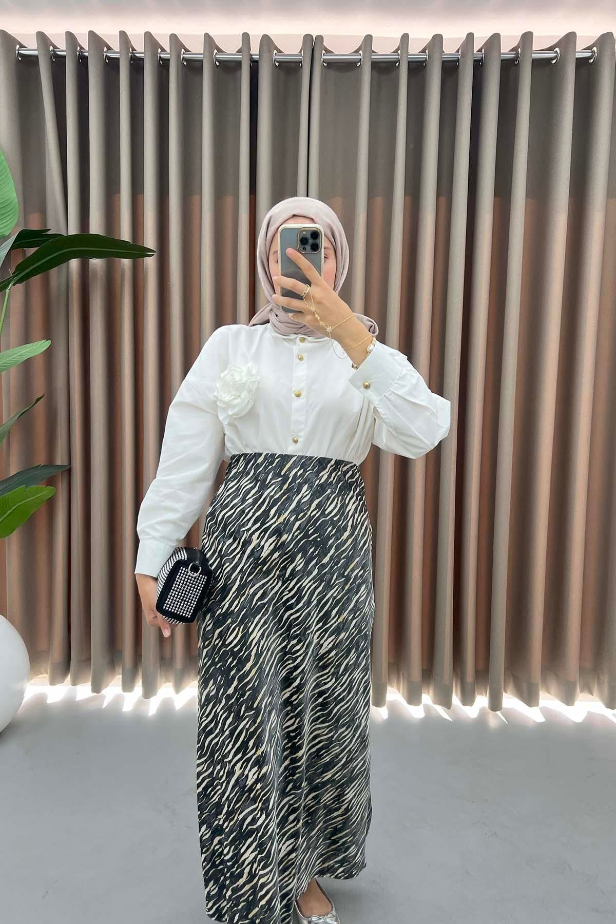Zebra Desenli Parlak Etek Siyah