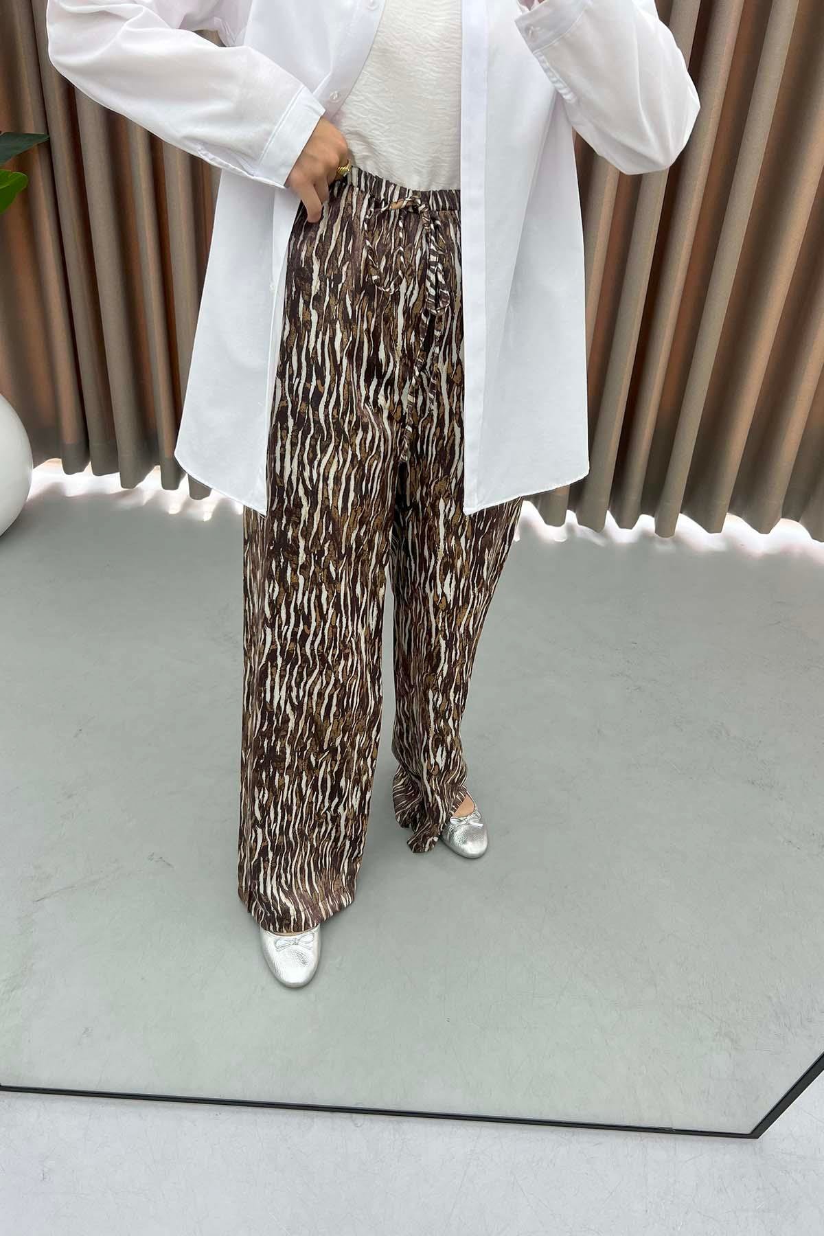 Zebra Desenli Parlak Pantolon Kahve
