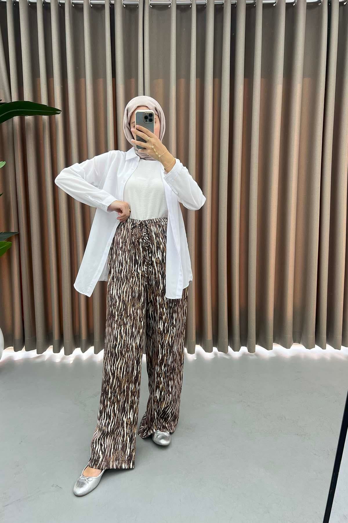 Zebra Desenli Parlak Pantolon Kahve