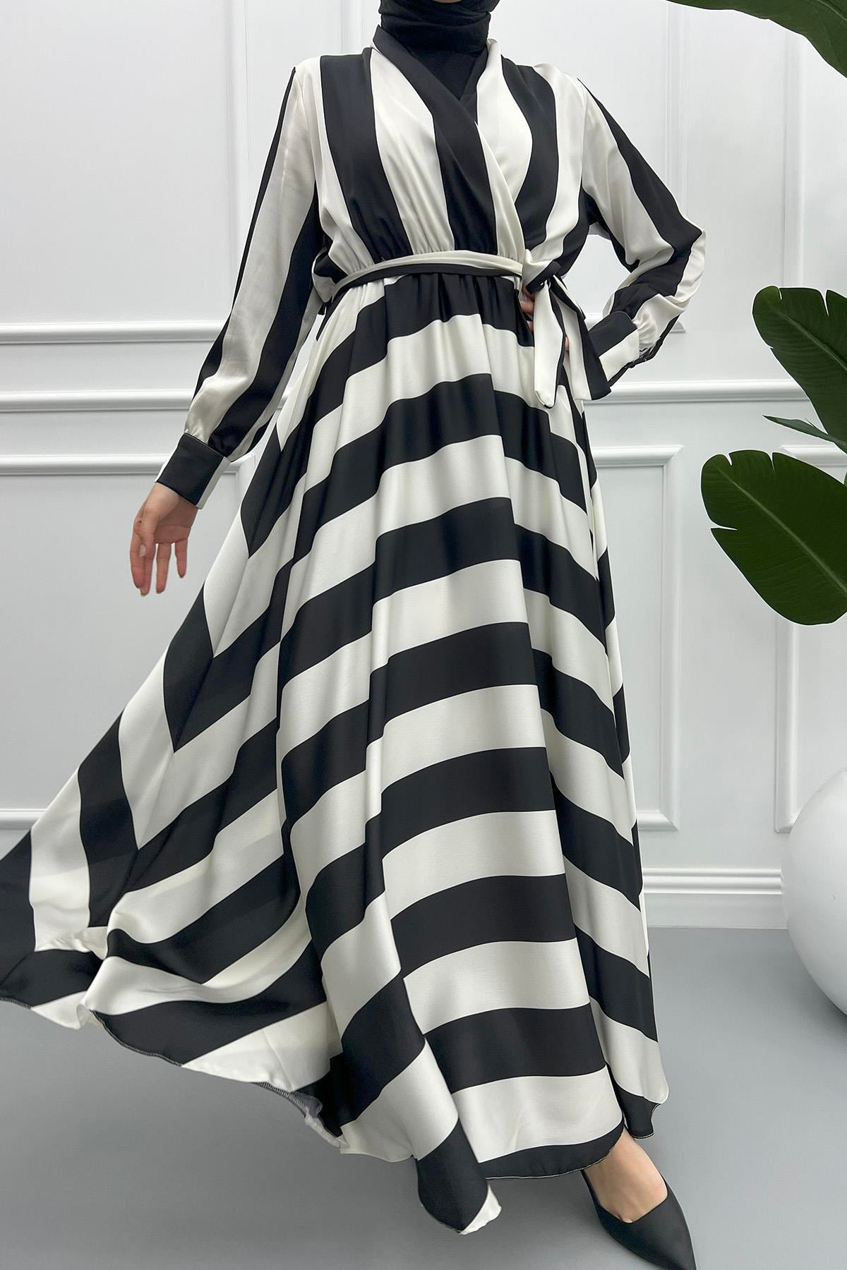 Zebra Desenli Saten Elbise Siyah- Beyaz