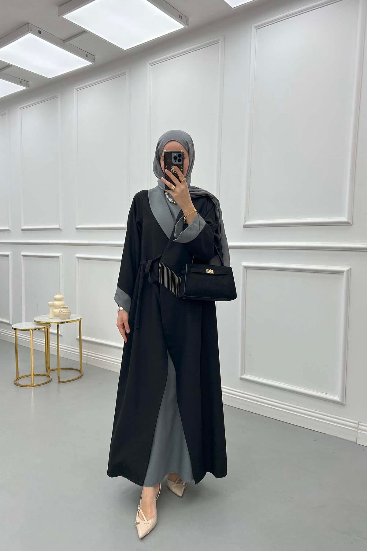 Zincirli Renk Bloklu Abaya Siyah
