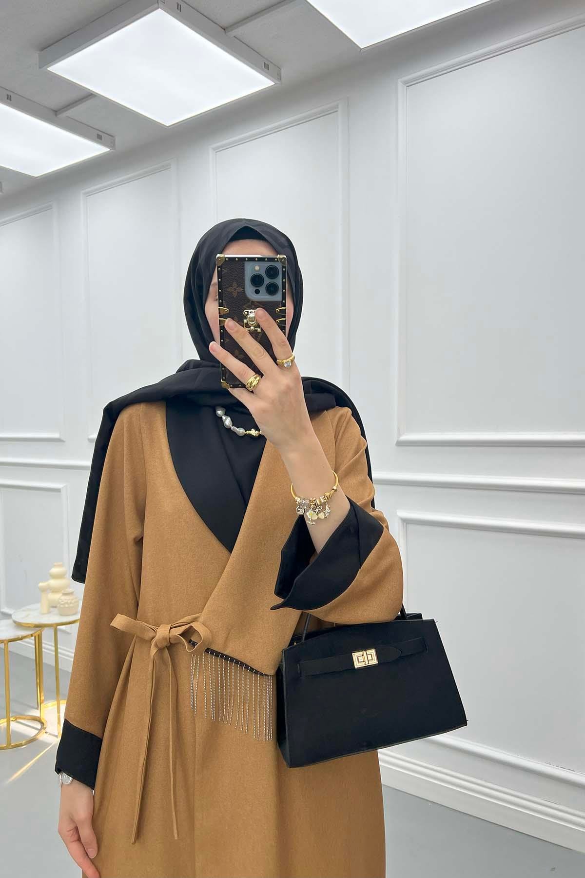 Zincirli Renk Bloklu Abaya Taba