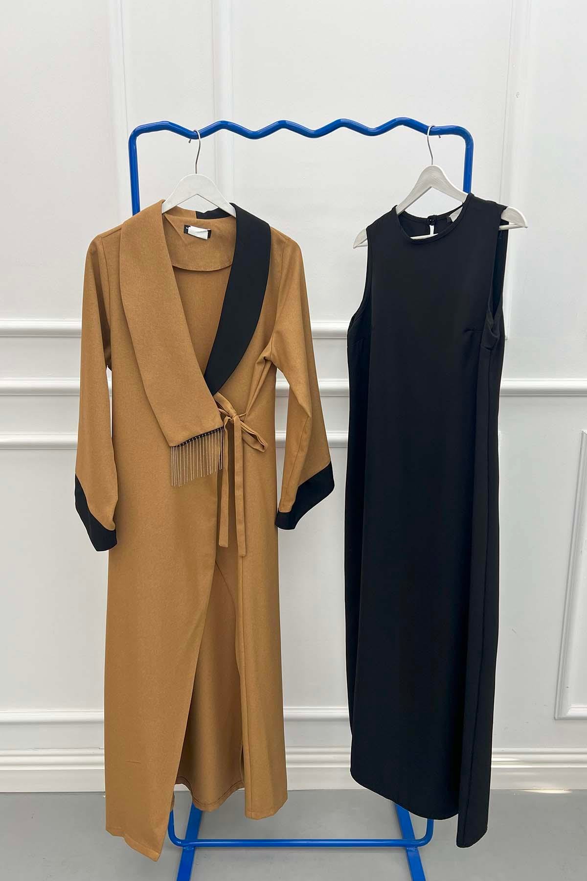 Zincirli Renk Bloklu Abaya Taba