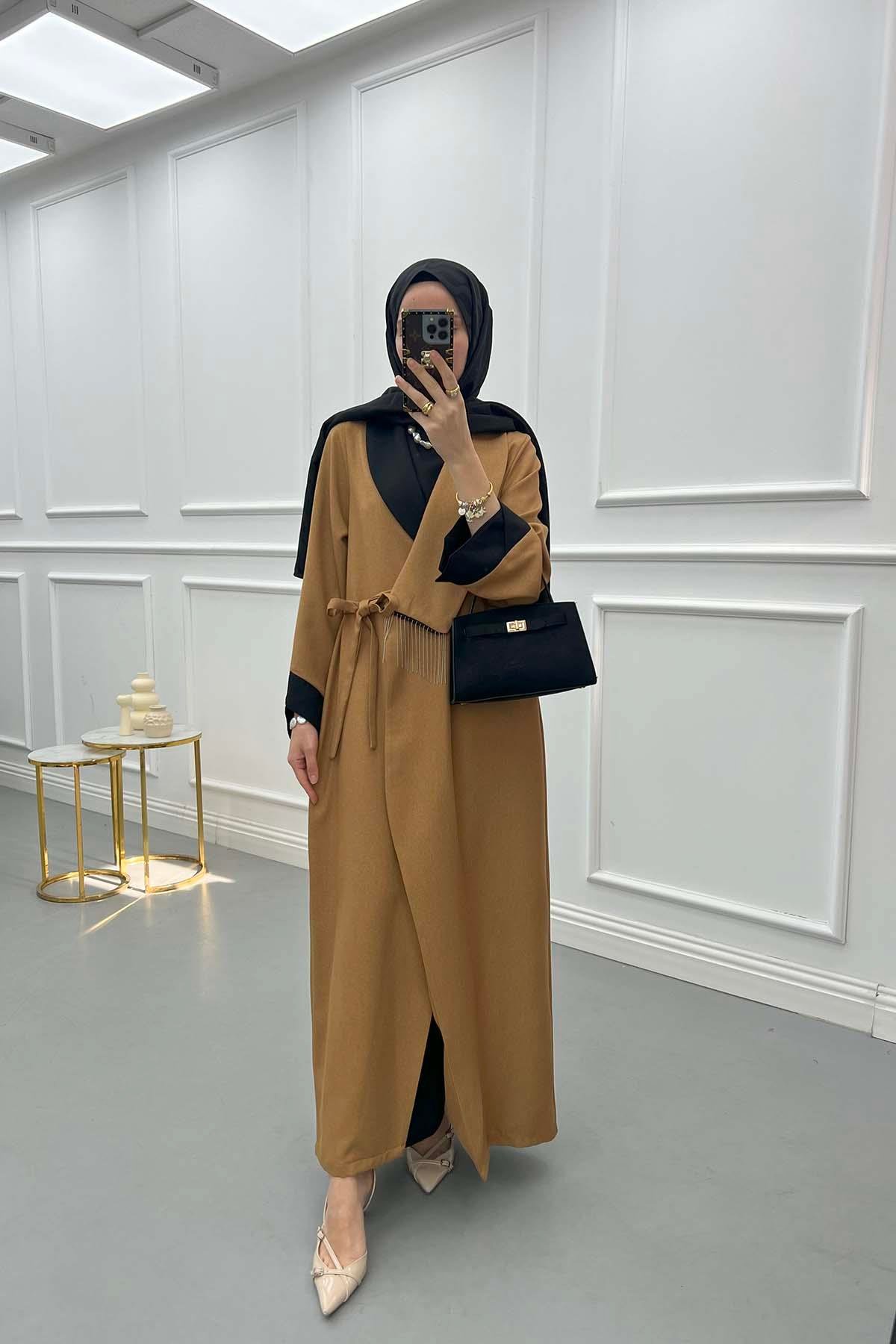 Zincirli Renk Bloklu Abaya Taba