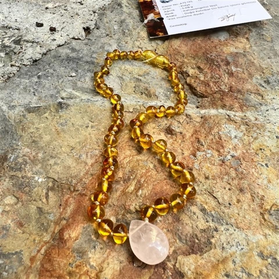 Rose Quartz uçlu Bal Rengi Kehribar Bebek Kolyesi