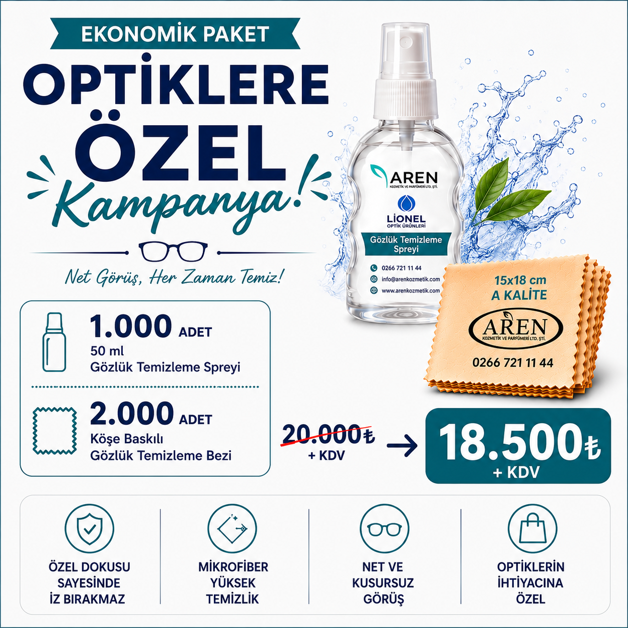 1000 ADET GÖZLÜK TEMİZLEME SPREYİ 2000 ADET BASKILI GÖZLÜK TEMİZLEME BEZİ