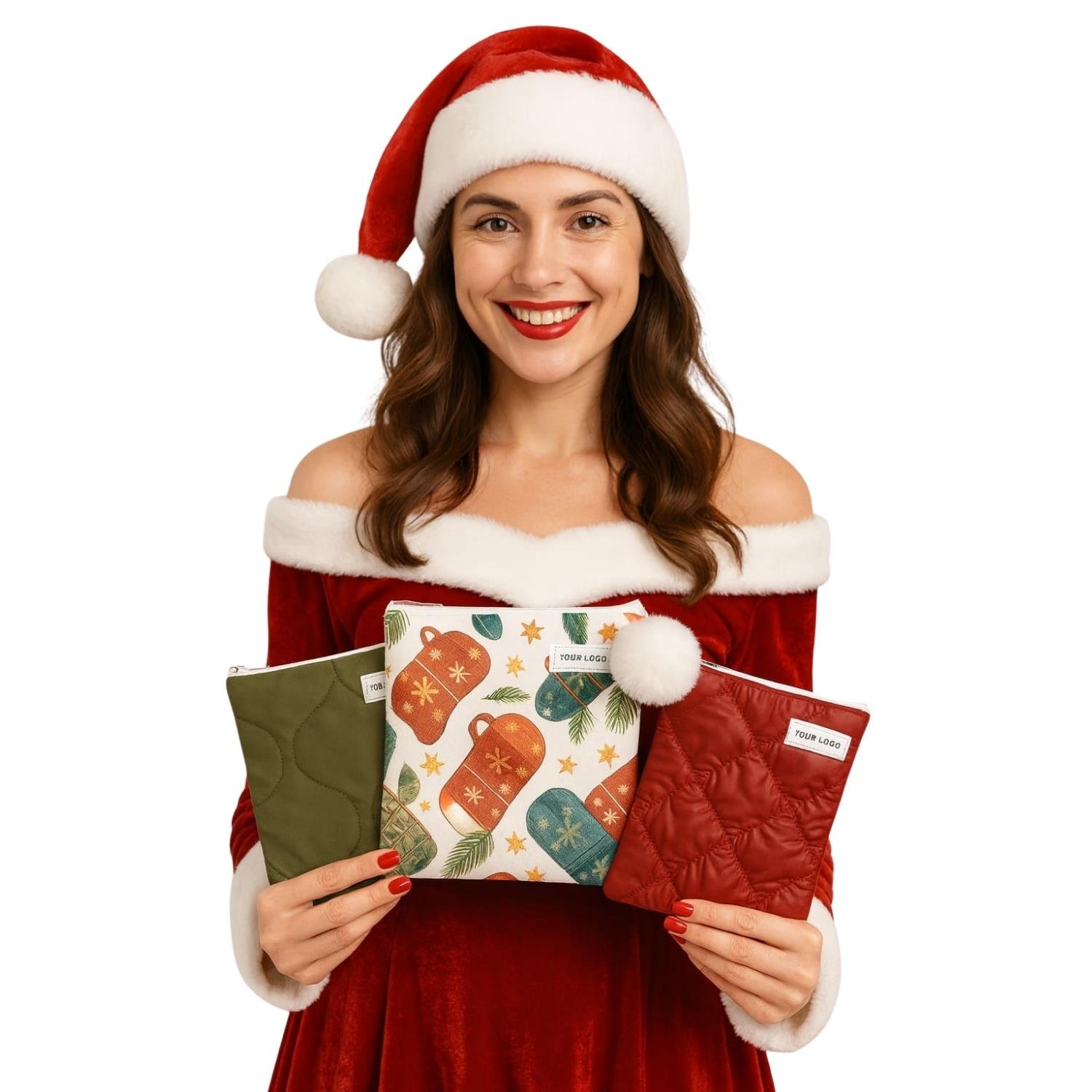 Christmas 3'lü Set, Yeniyıl, Yılbaşı, Christmas Tasarımlı, Yeşil ve Bordo 3'lü Fermuarlı Gözlük Çantası