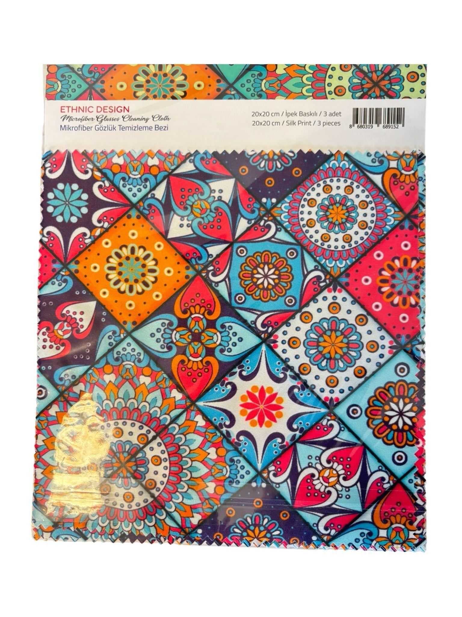 ETHNIC DESIGN 20X20 CM 3'lü TAM DİJİTAL İPEK BASKILI GÖZLÜK TEMİZLEME BEZİ