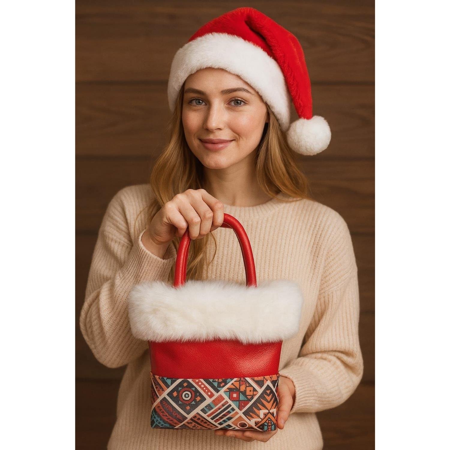 Kürklü Kırmızı Yılbaşı Çantası - Markanıza ve Logonuza Özel Tasarım