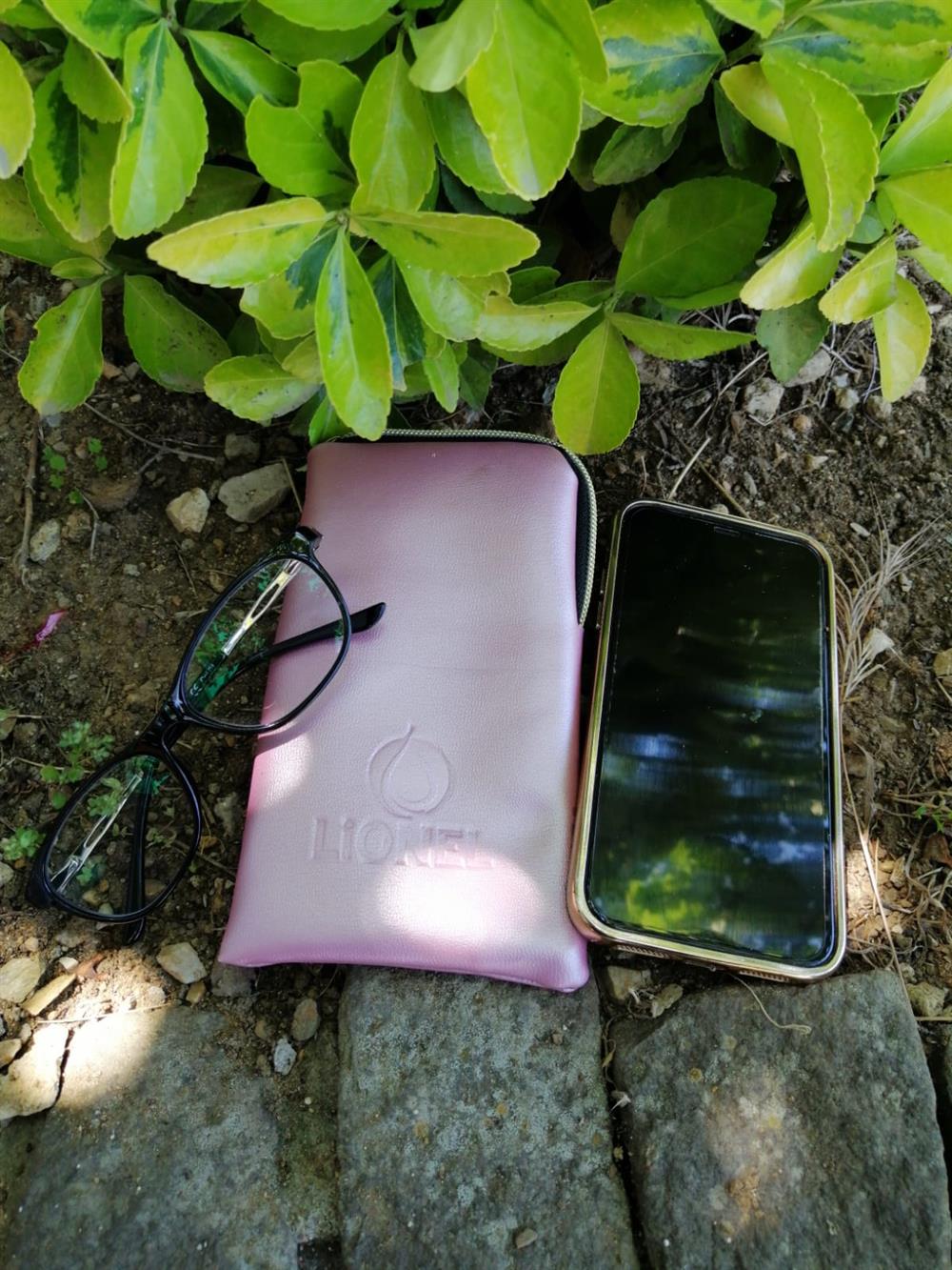 Parlak Pudra Pembe Gözlük / Telefon Çantası