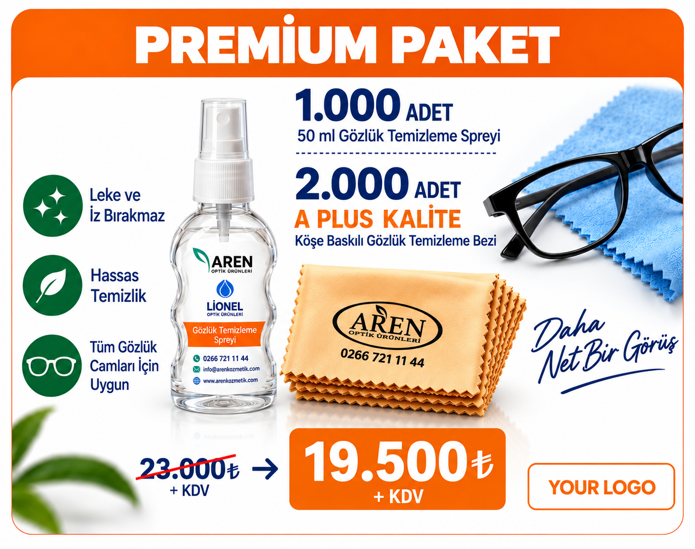 PREMİUM PAKET - 1000 ADET GÖZLÜK TEMİZLEME SPREYİ 2000 ADET BASKILI GÖZLÜK TEMİZLEME BEZİ