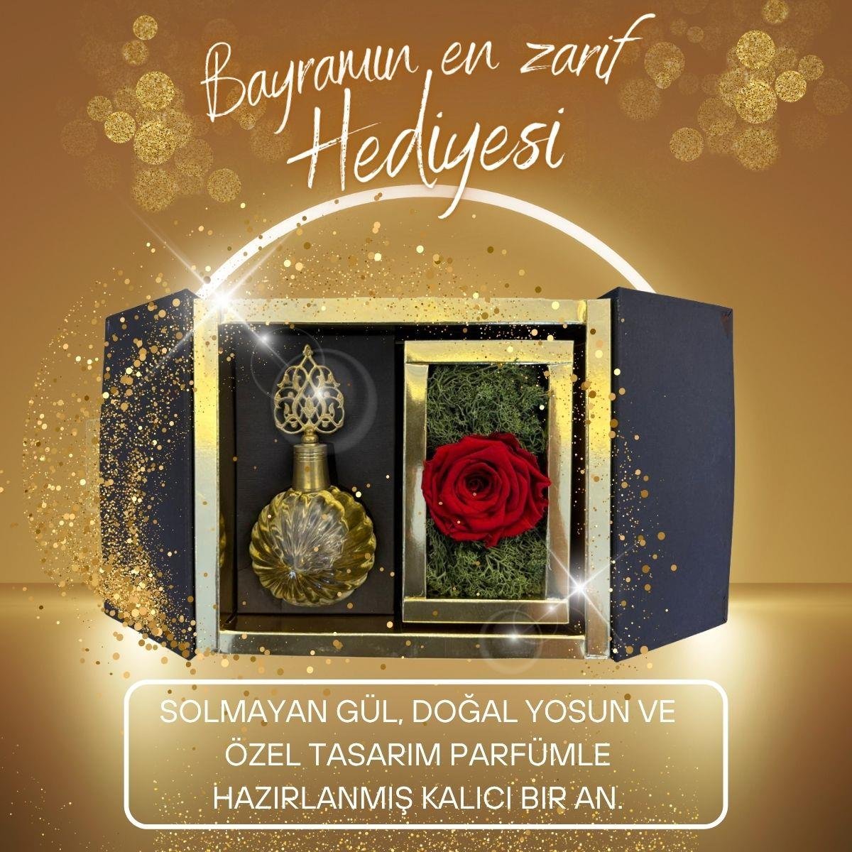 SOLMAYAN KIRMIZI  GÜL, YOSUN VE ÖZEL KUTULU TASARIM 100 ML HEDİYELİK PARFÜM SETİ