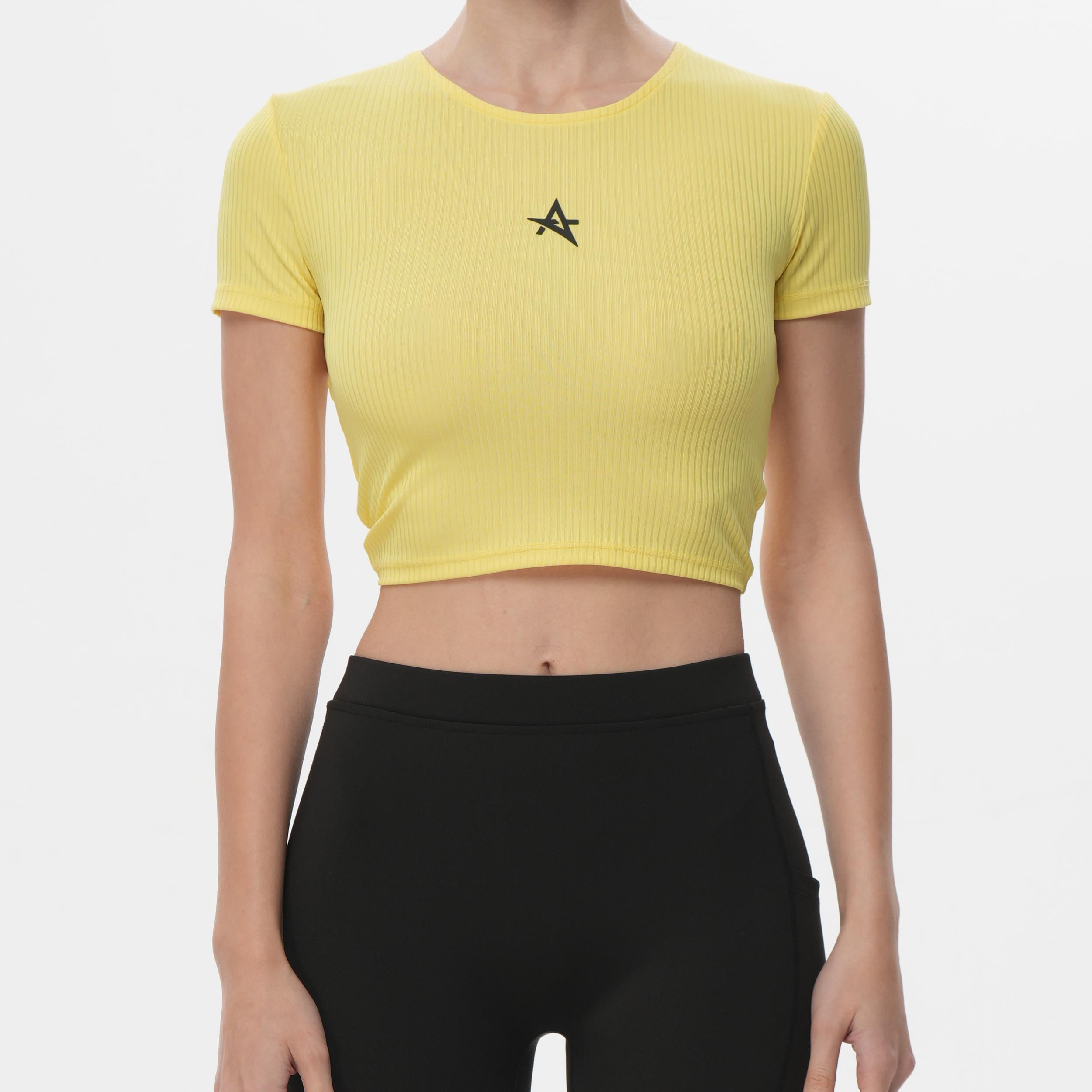 ED2305-03 Valentina Crop Open Back Dry Touch Short Sleeve Top Yellow