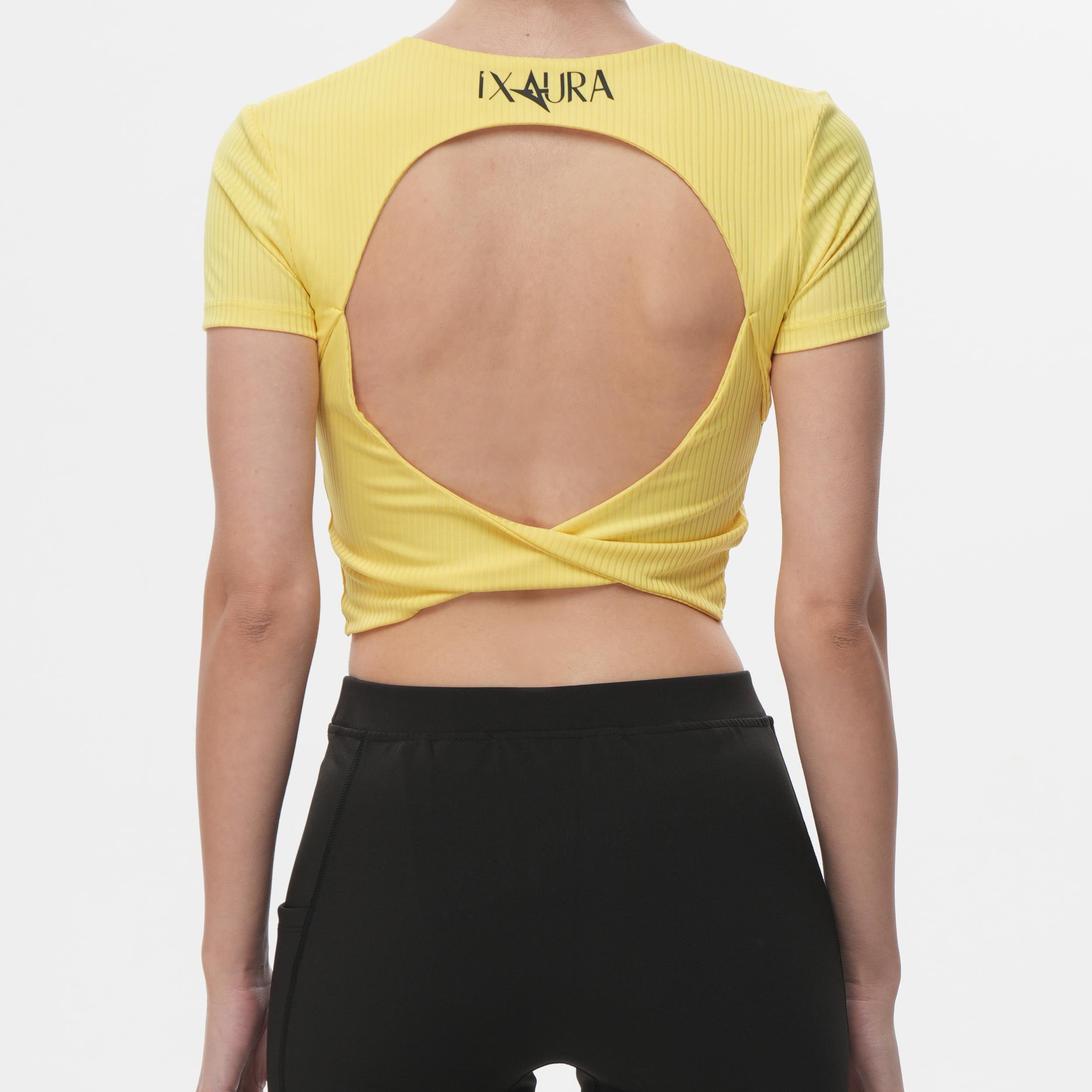 ED2305-03 Valentina Crop Open Back Dry Touch Short Sleeve Top Yellow