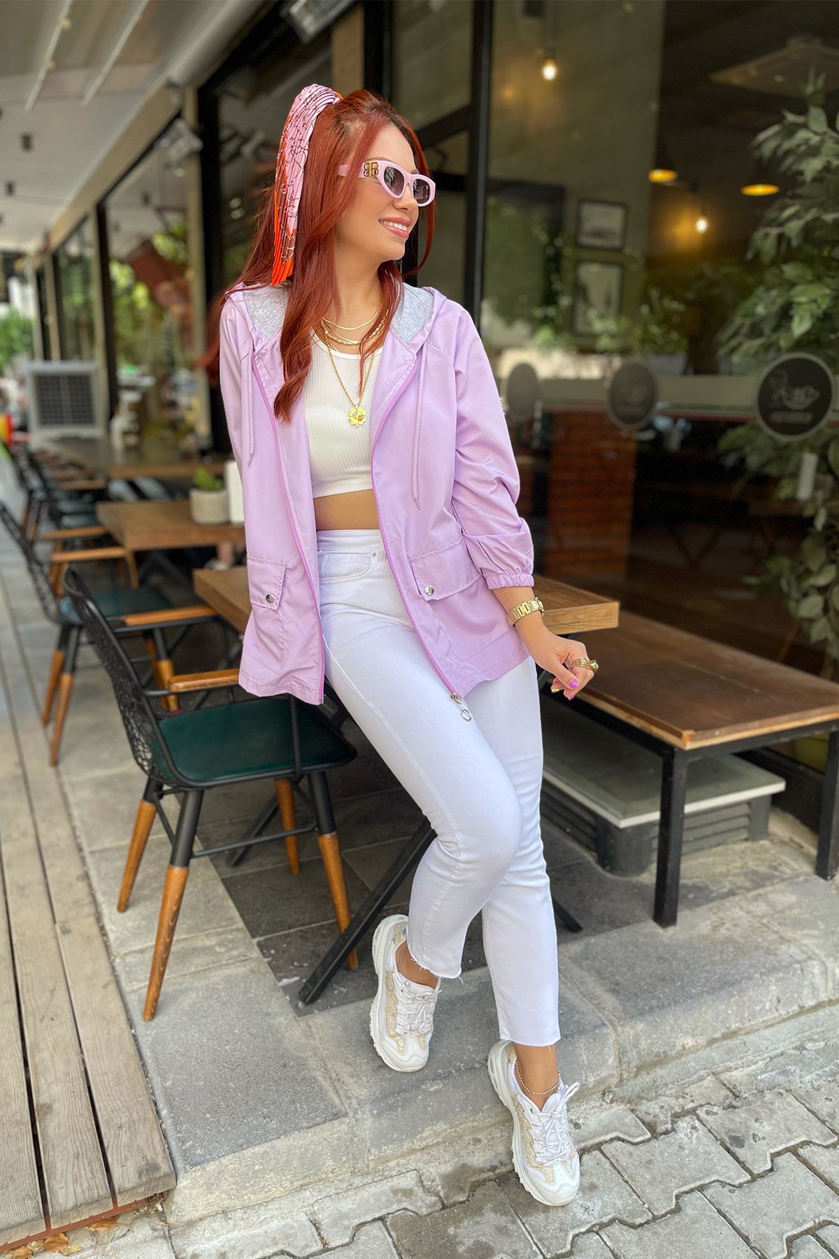  Kapşonlu Lila Fermuarlı Yağmurluk