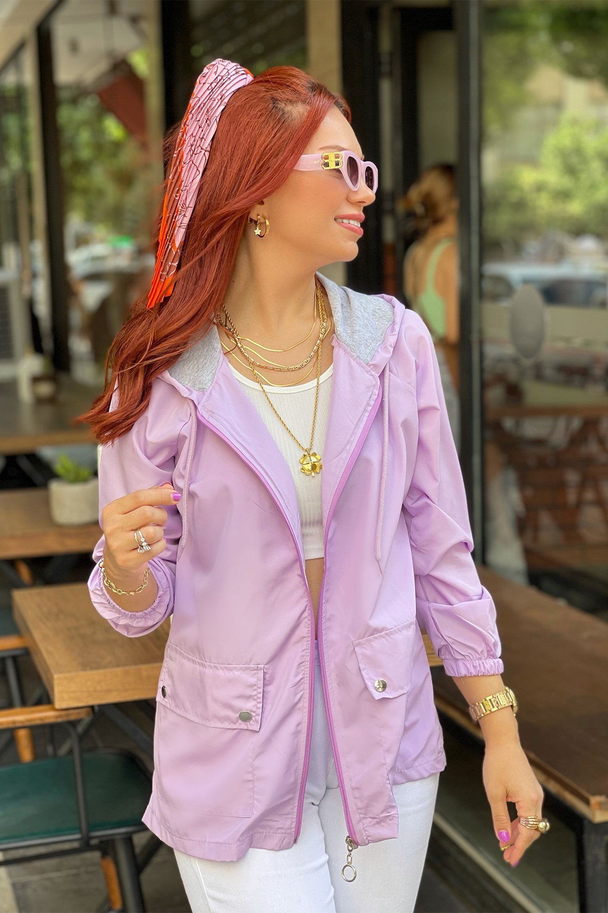  Kapşonlu Lila Fermuarlı Yağmurluk