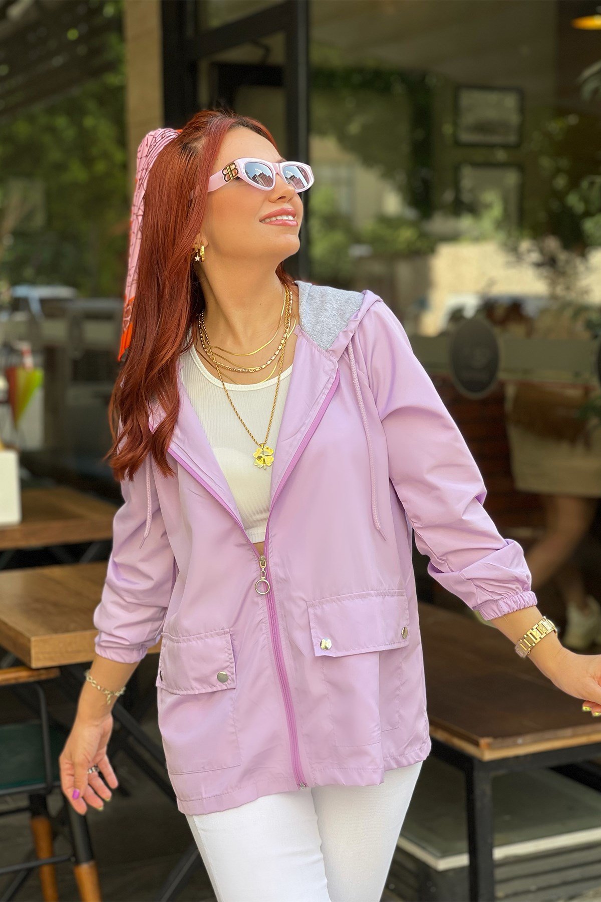  Kapşonlu Lila Fermuarlı Yağmurluk