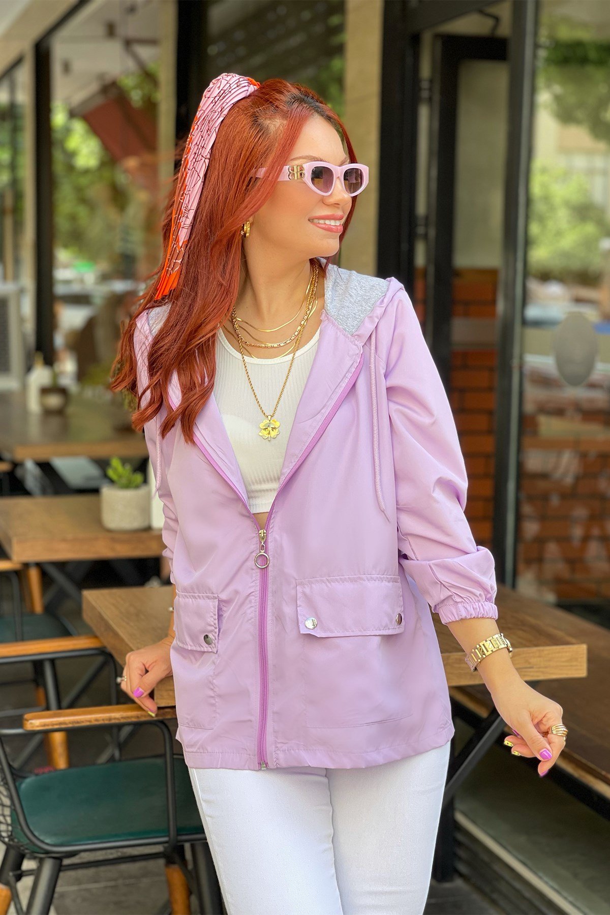  Kapşonlu Lila Fermuarlı Yağmurluk