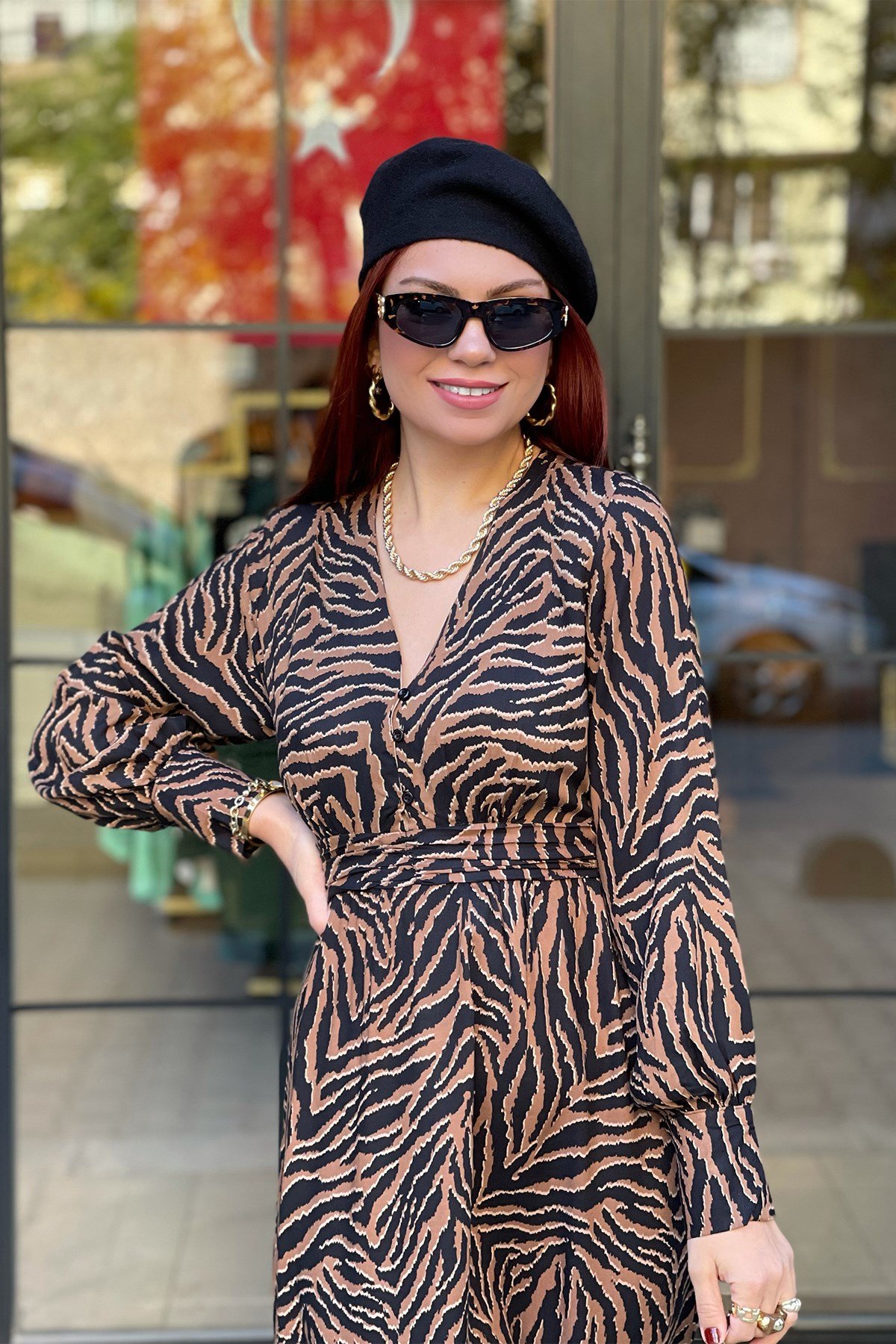  Leopar Desenli Düğmeli Elbise