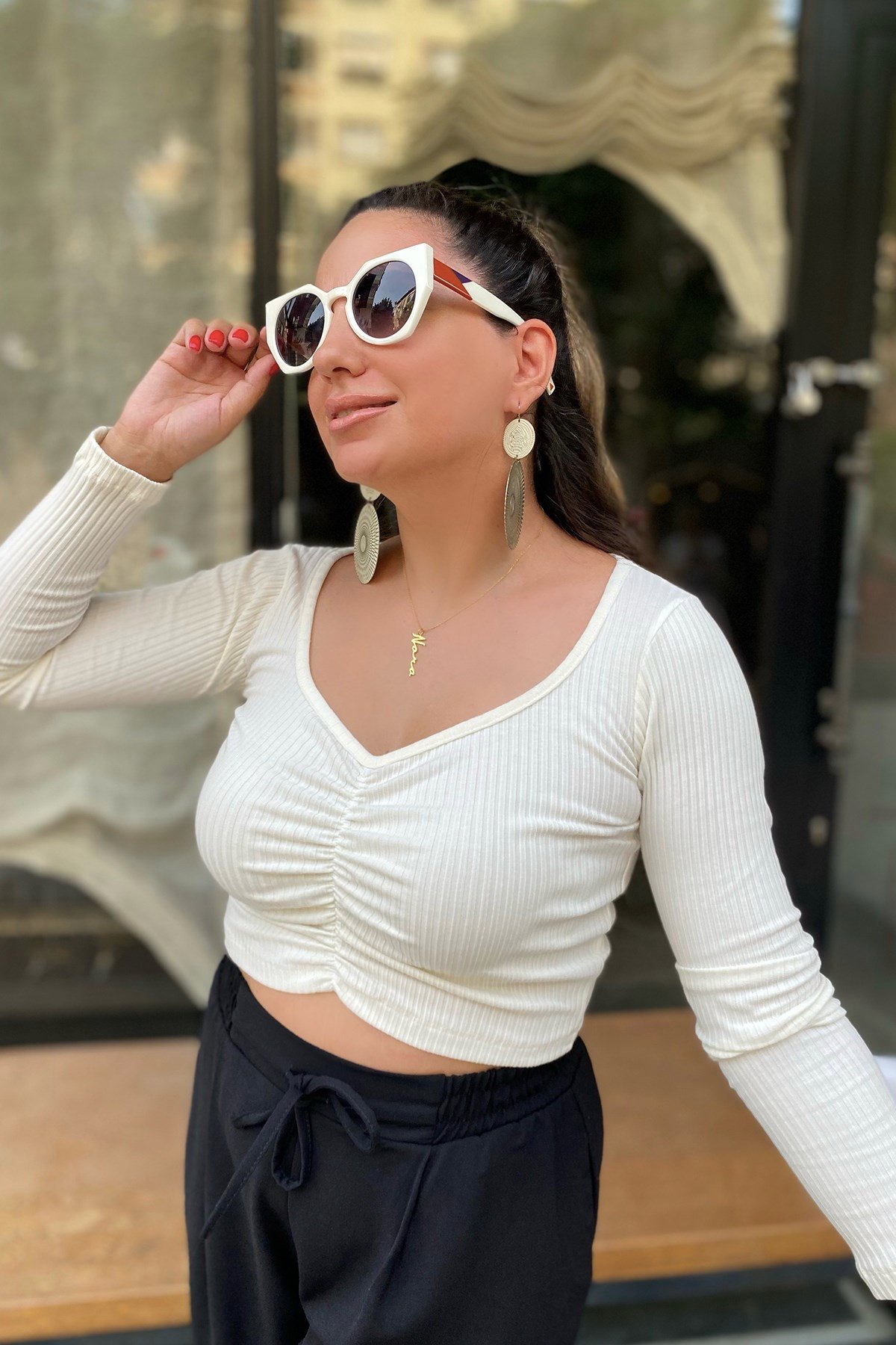  Önden Büzgülü Fitilli Beyaz Bluz 