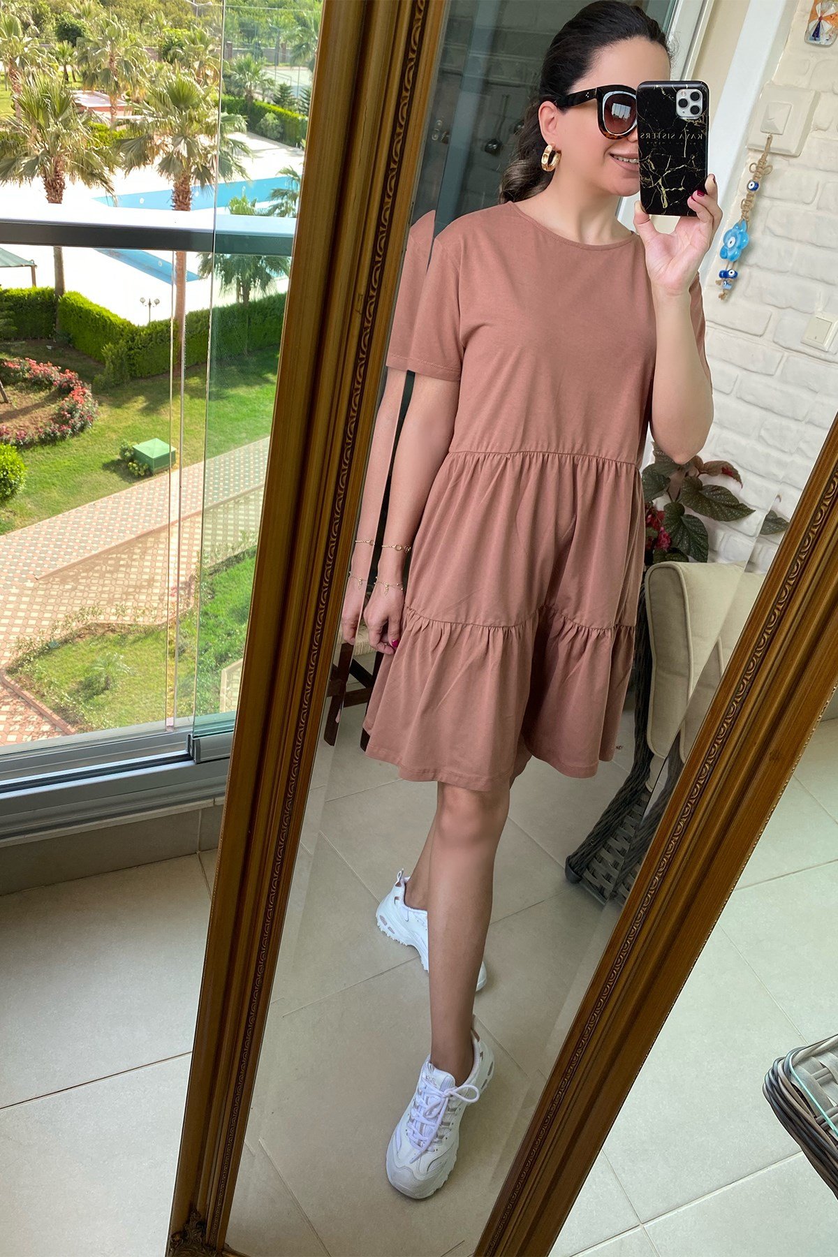  Yarım Kollu Kahve Elbise