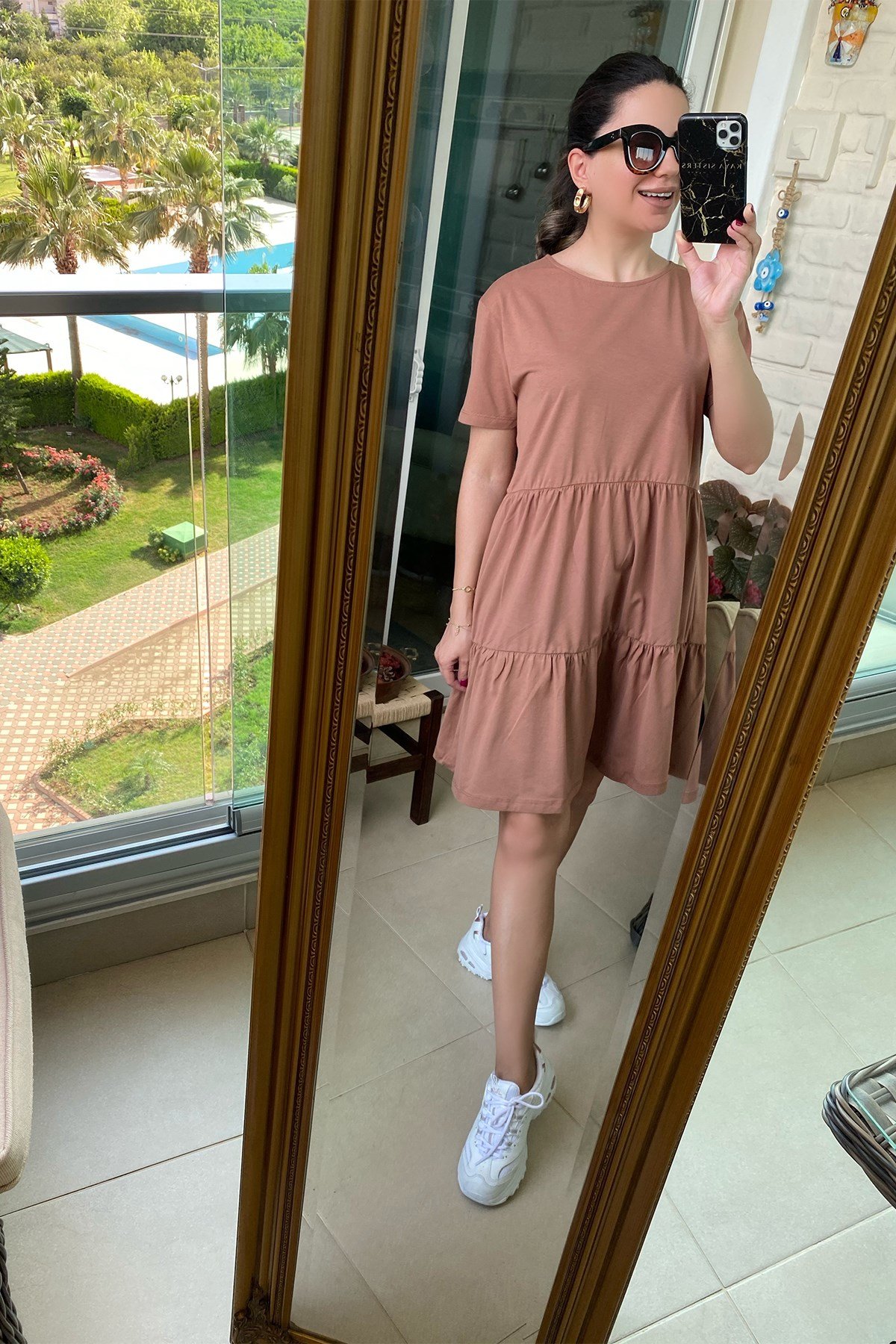  Yarım Kollu Kahve Elbise