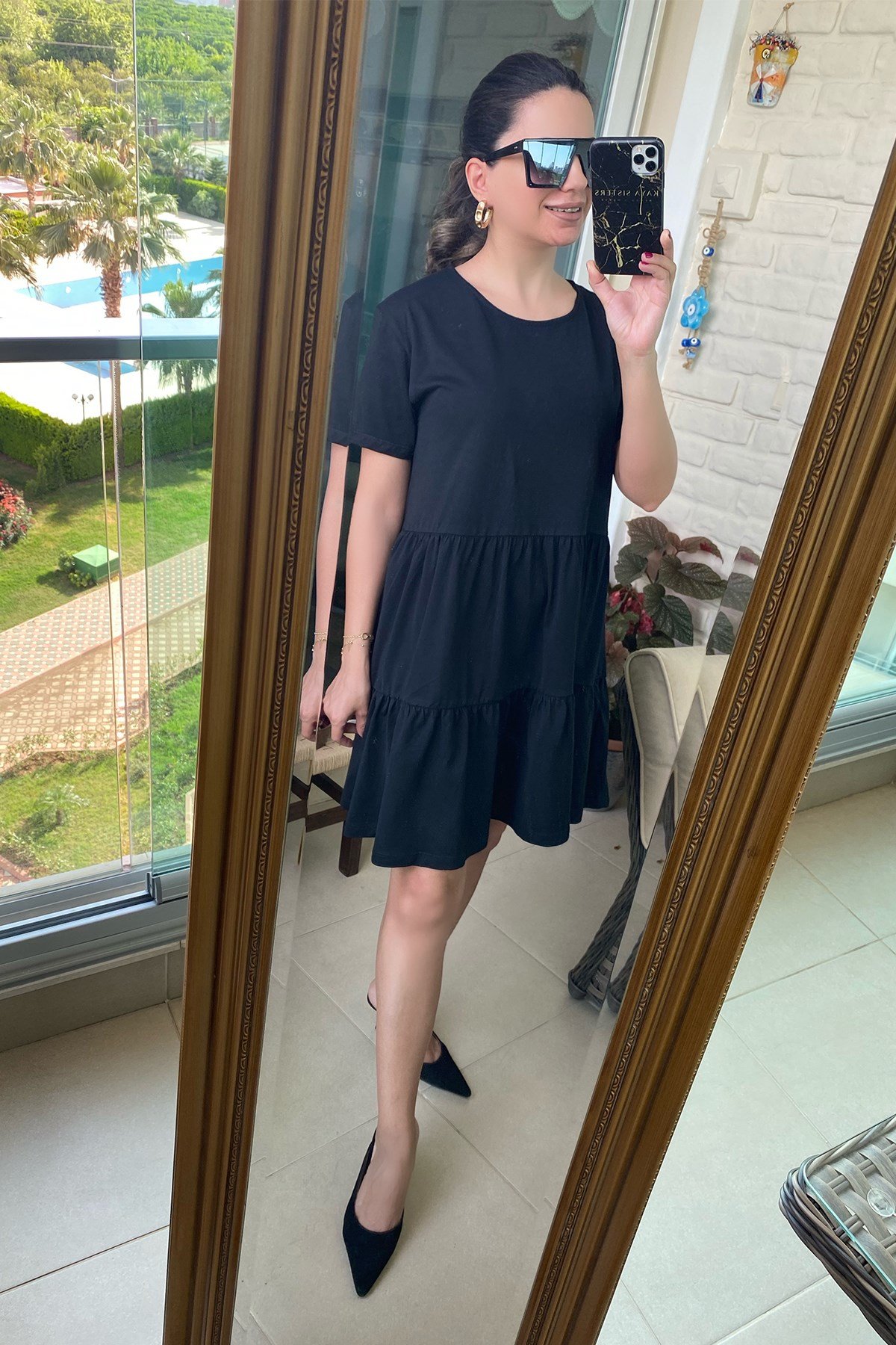  Yarım Kollu Siyah Elbise