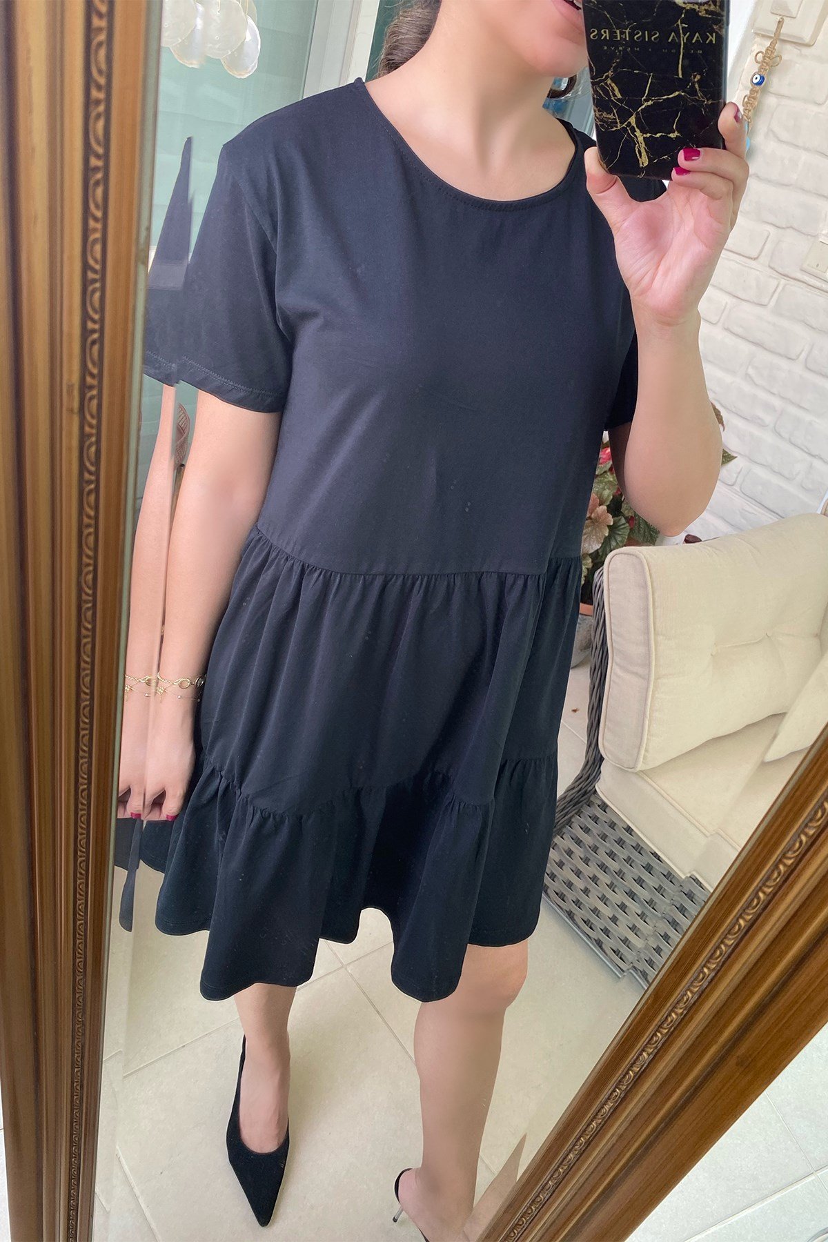  Yarım Kollu Siyah Elbise