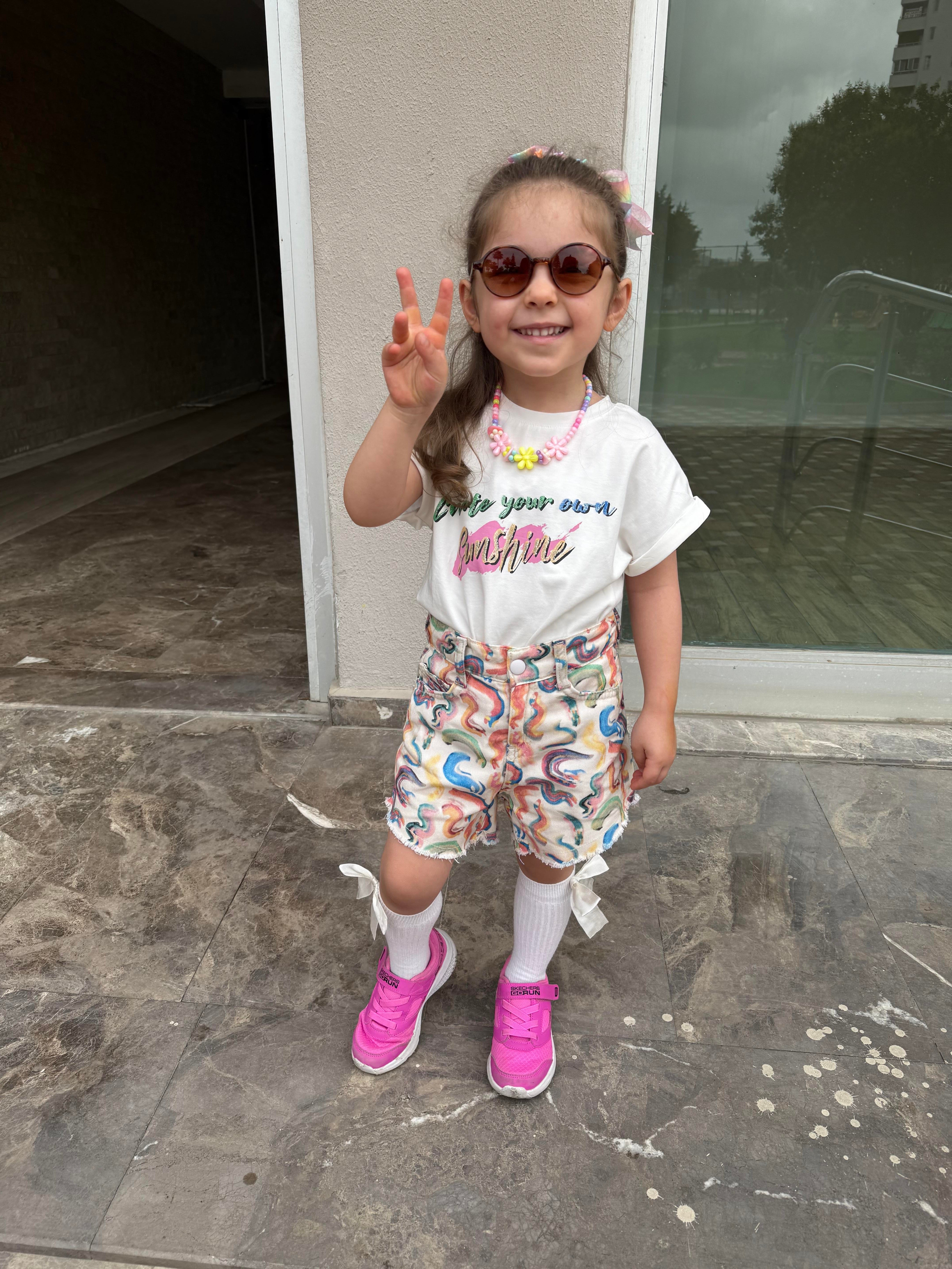 10019 Kids Şortu Desenli Kız Takım 4-8 Yaş