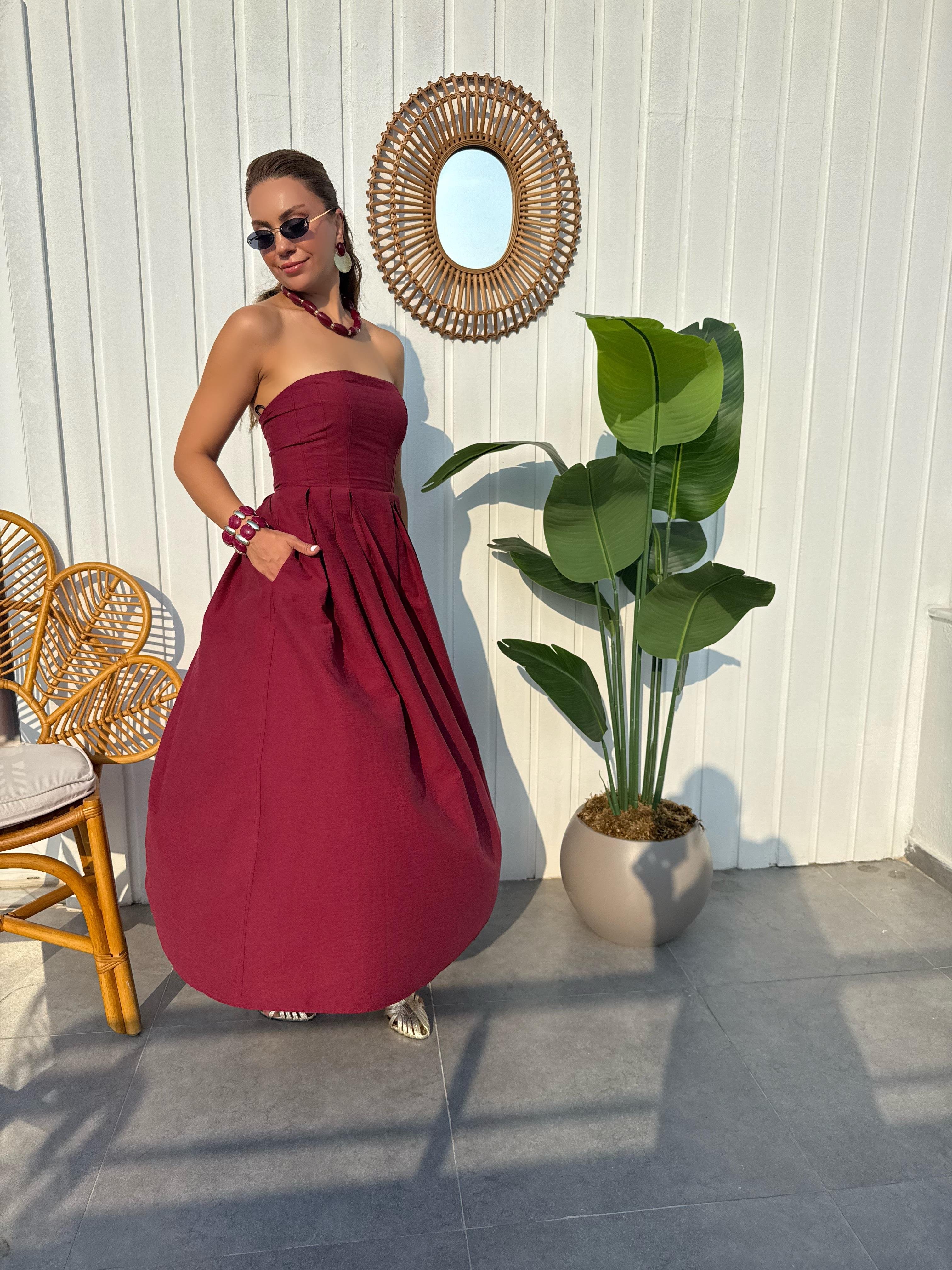 10058 Straplez Midi Boy Elbise