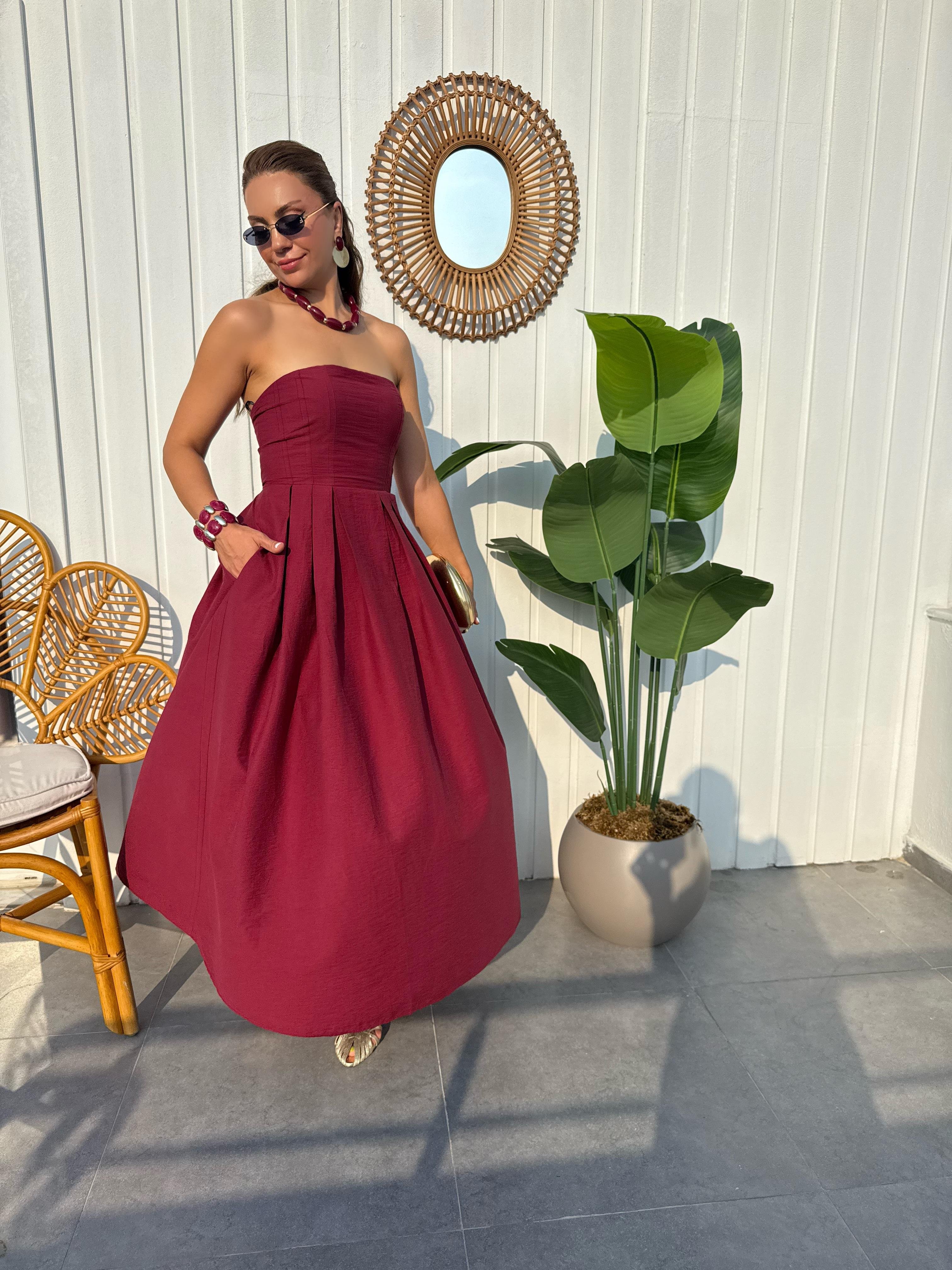 10058 Straplez Midi Boy Elbise