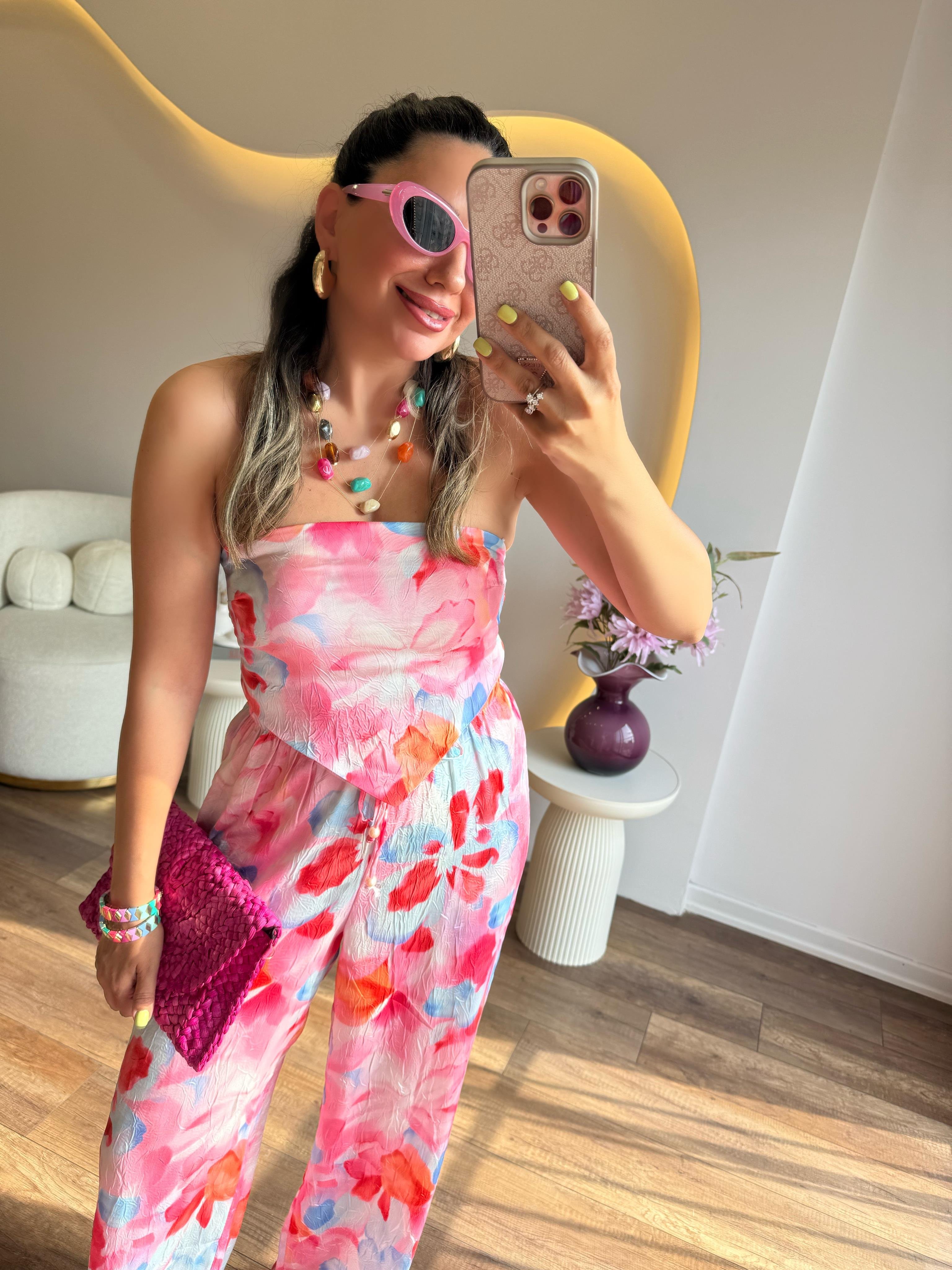 10227 Pembe Renkli Desenli Bluz Pantolon Takım