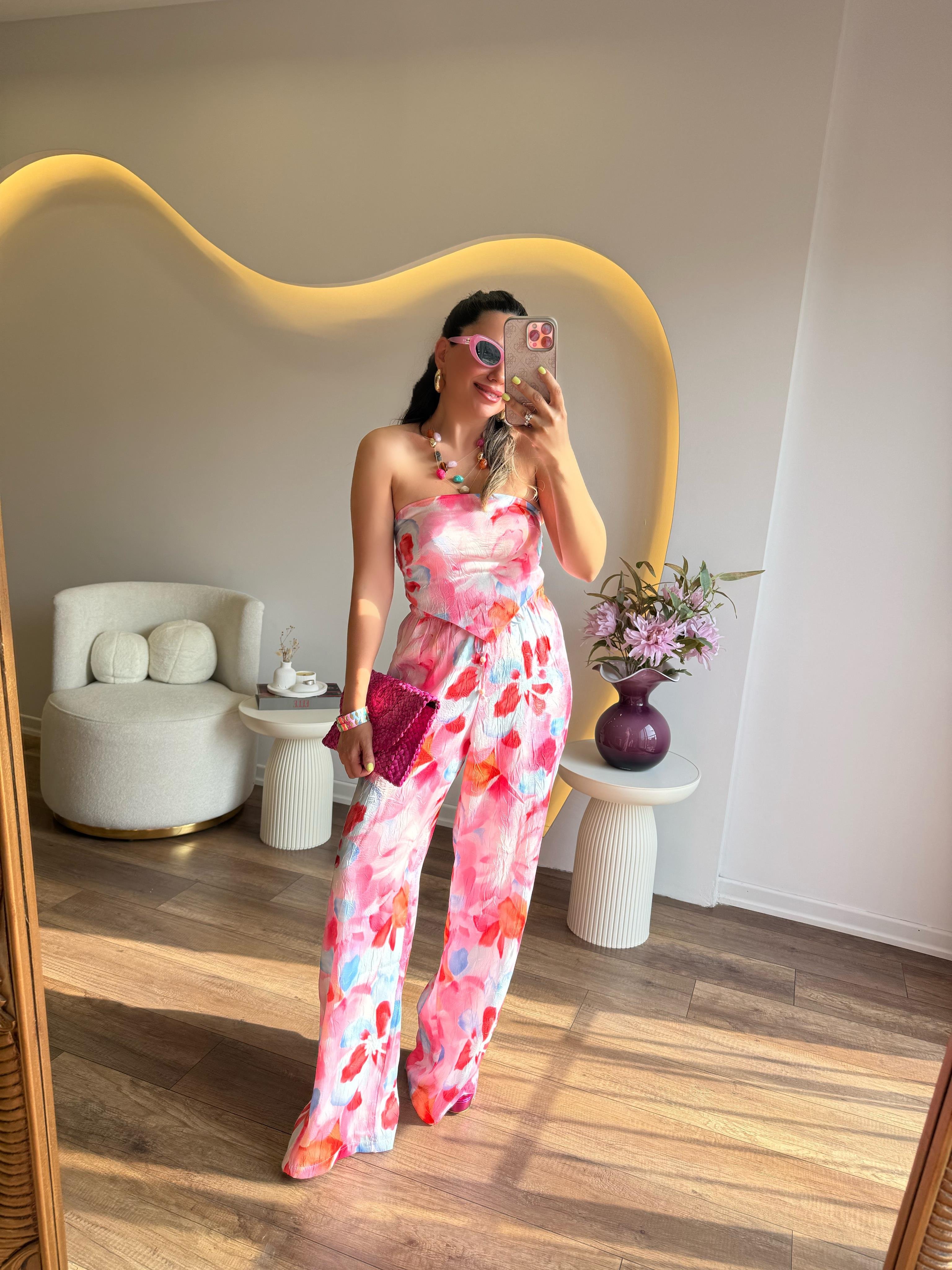 10227 Pembe Renkli Desenli Bluz Pantolon Takım