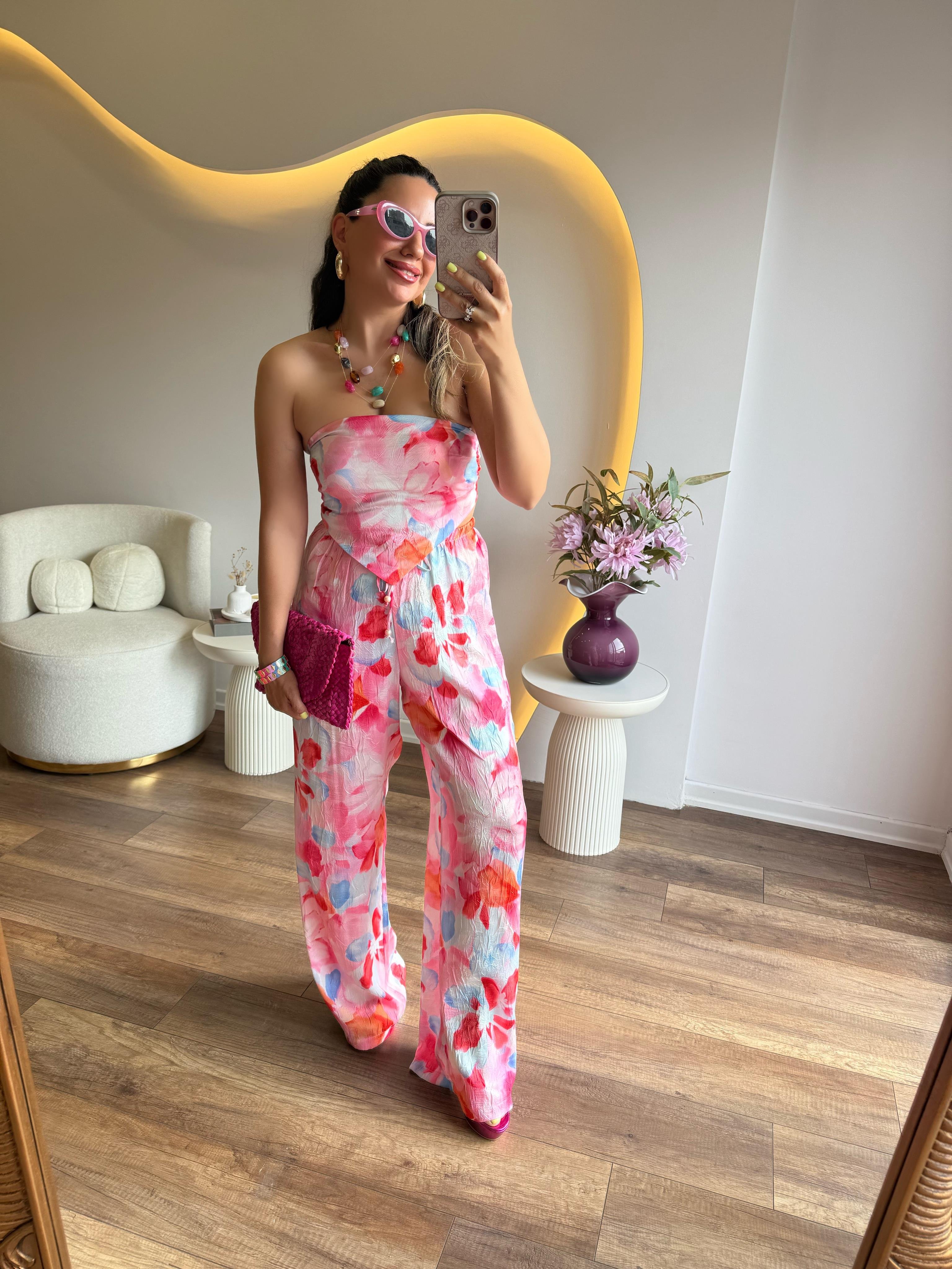 10227 Pembe Renkli Desenli Bluz Pantolon Takım
