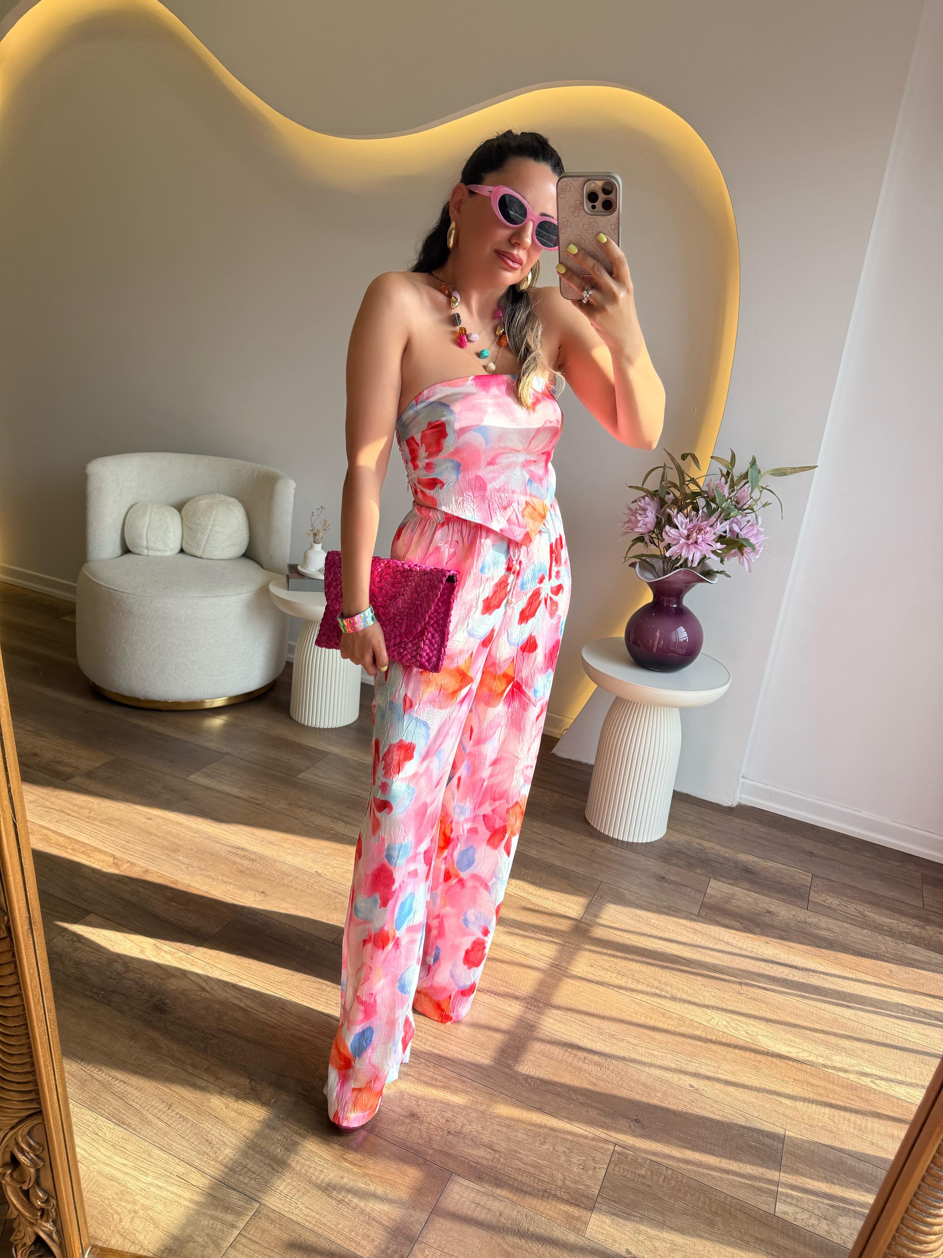 10227 Pembe Renkli Desenli Bluz Pantolon Takım