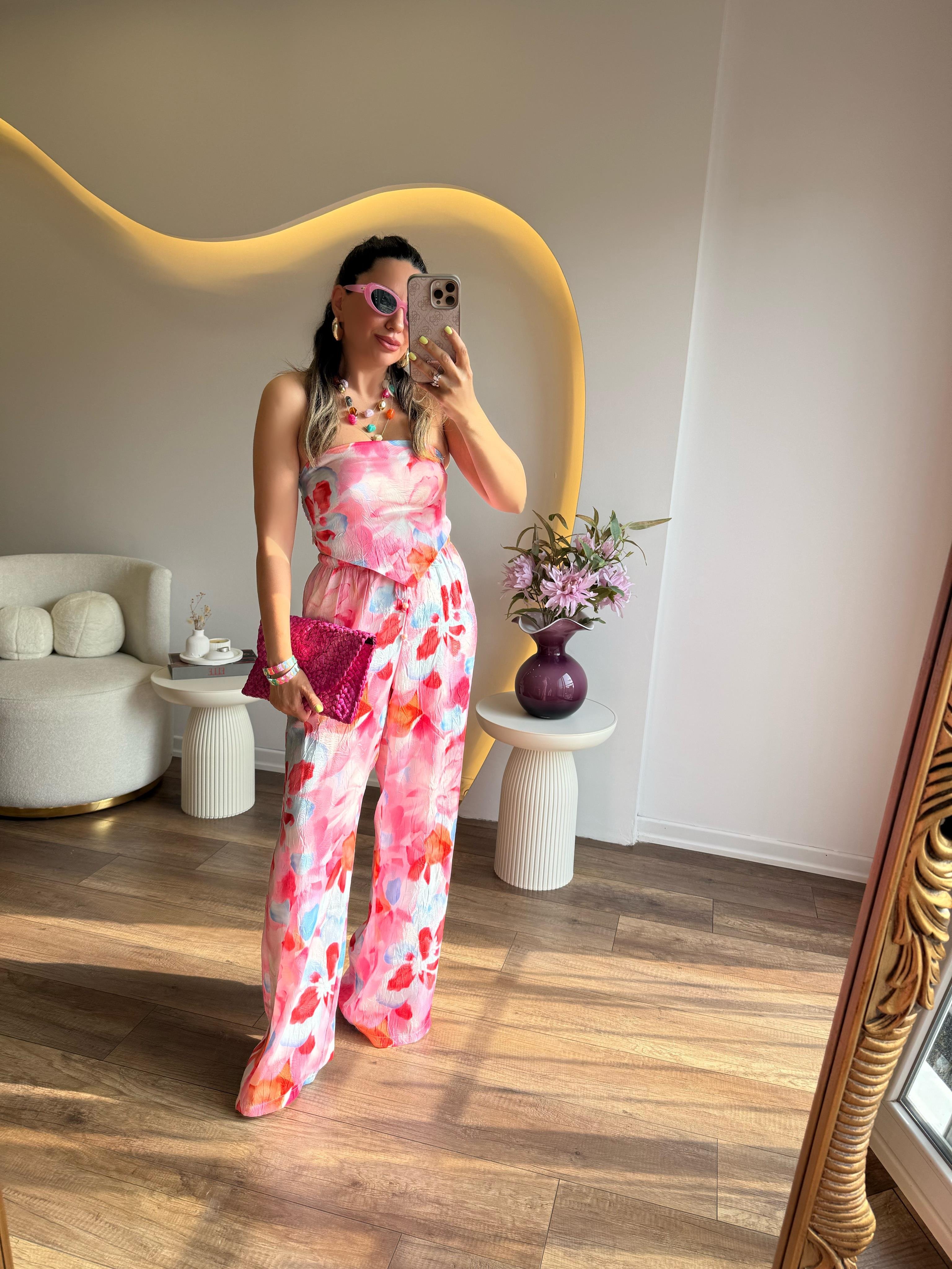 10227 Pembe Renkli Desenli Bluz Pantolon Takım