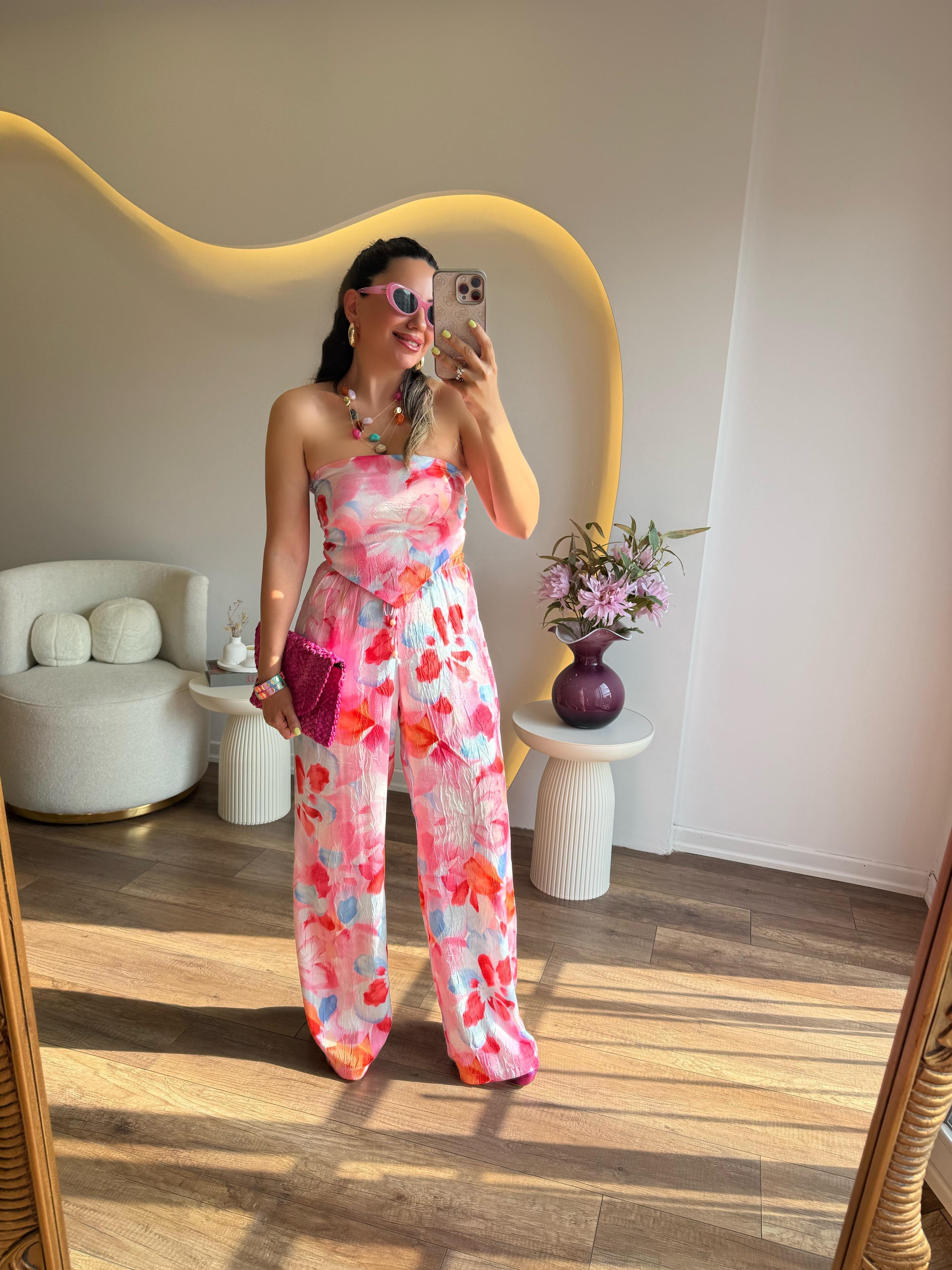 10227 Pembe Renkli Desenli Bluz Pantolon Takım