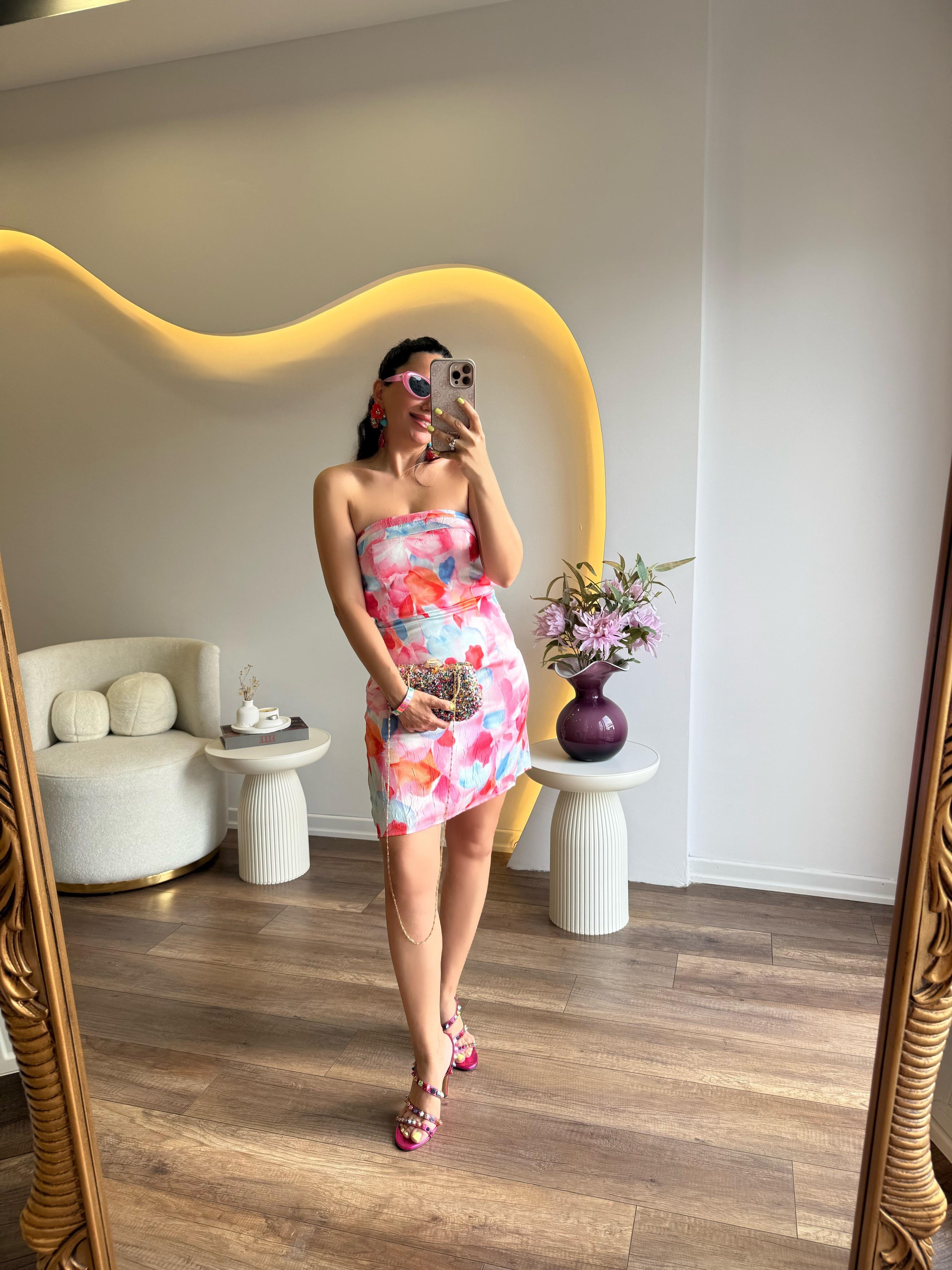 10228 Pembe Renkli Desenli Saten Mini Elbise