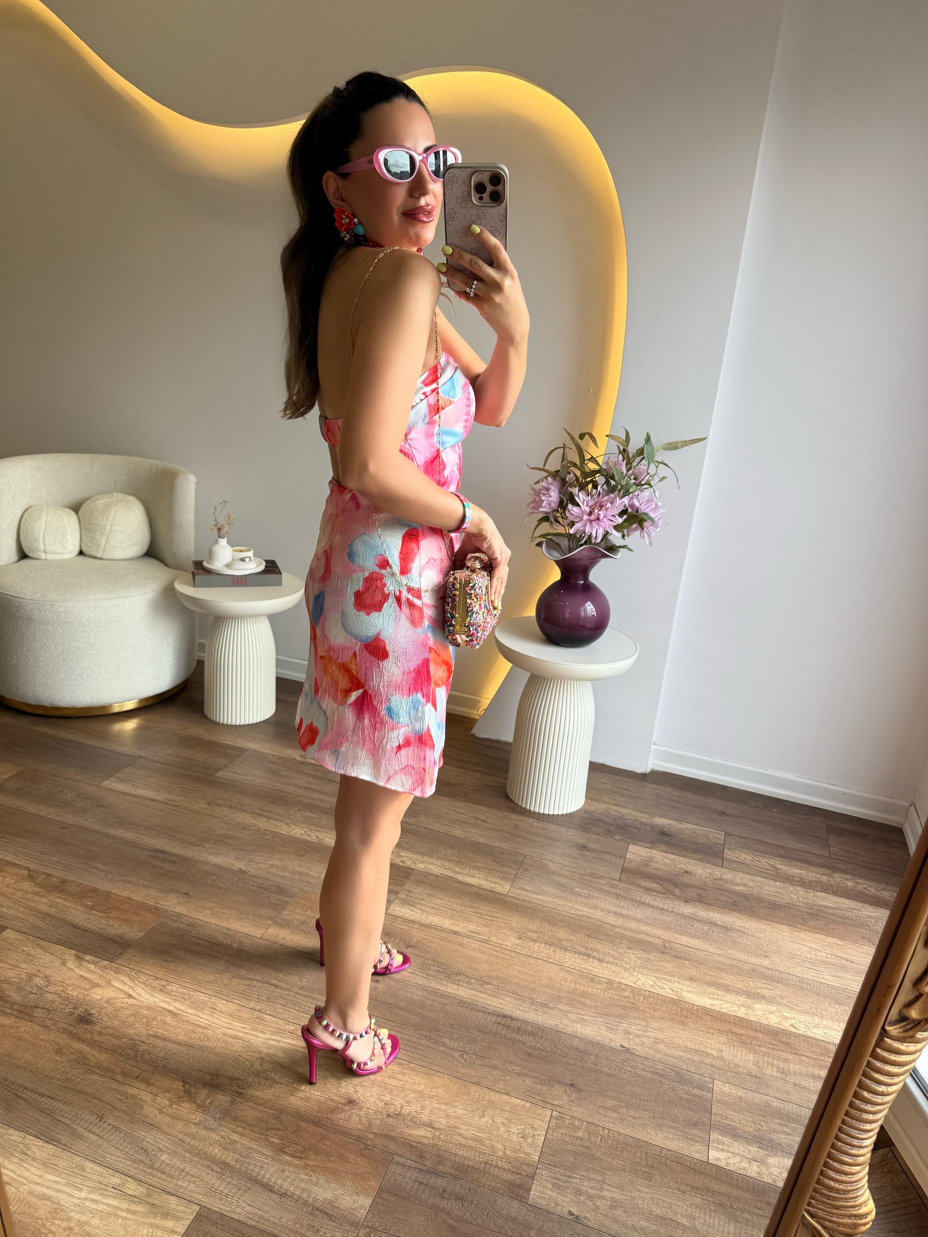 10228 Pembe Renkli Desenli Saten Mini Elbise