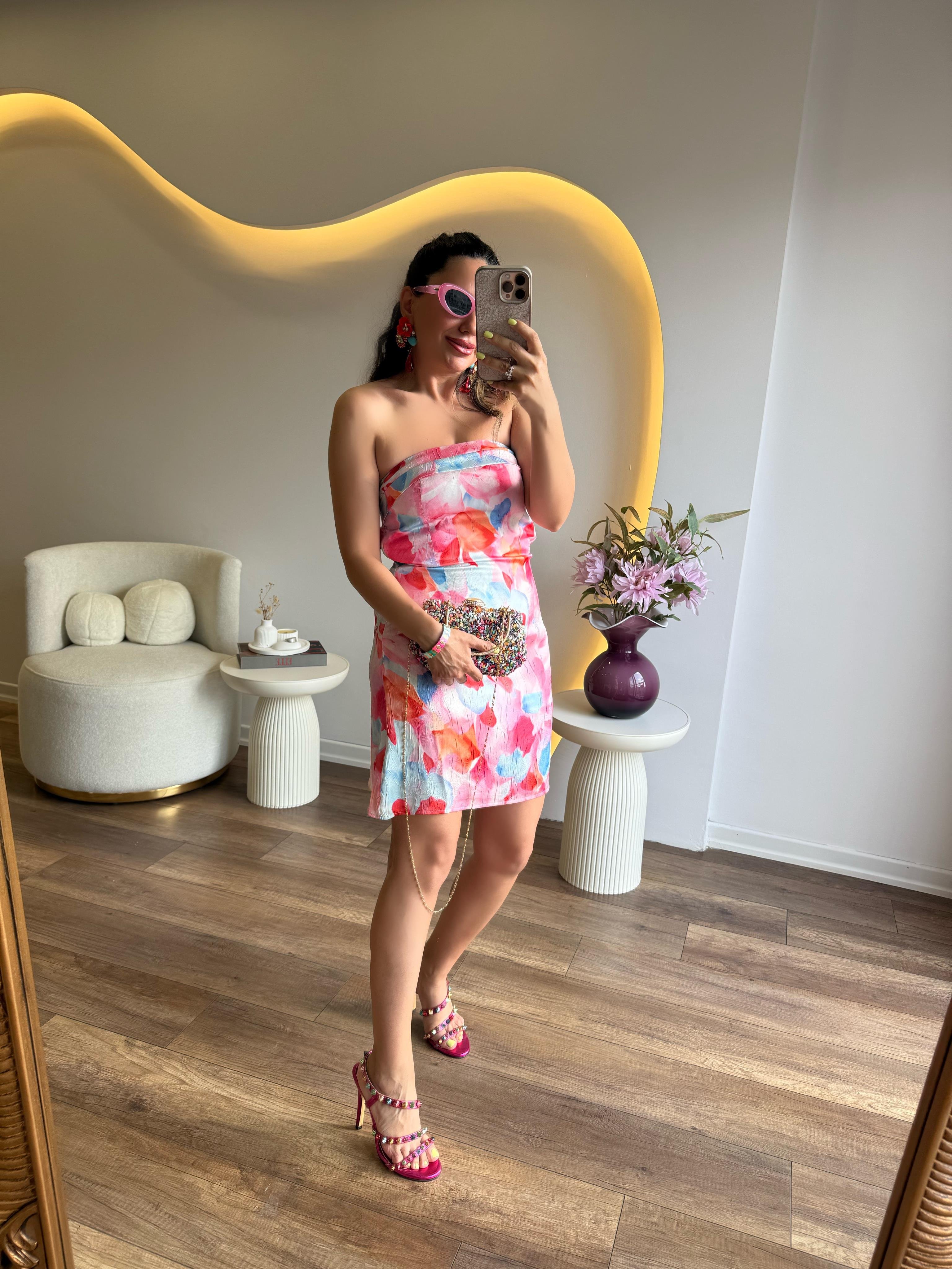 10228 Pembe Renkli Desenli Saten Mini Elbise