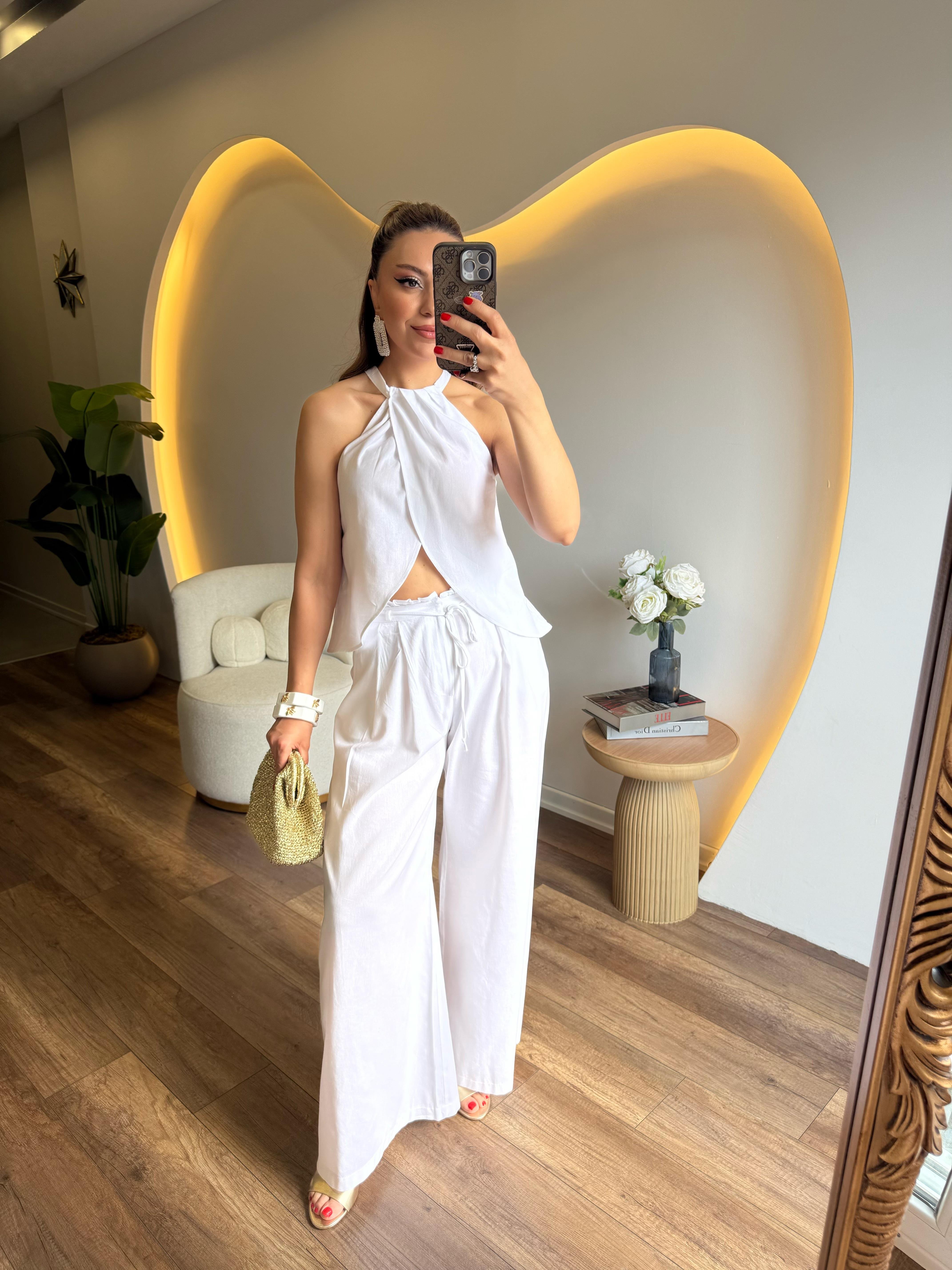 10237 Boyundan Detaylı Pantolon Bluz Takım