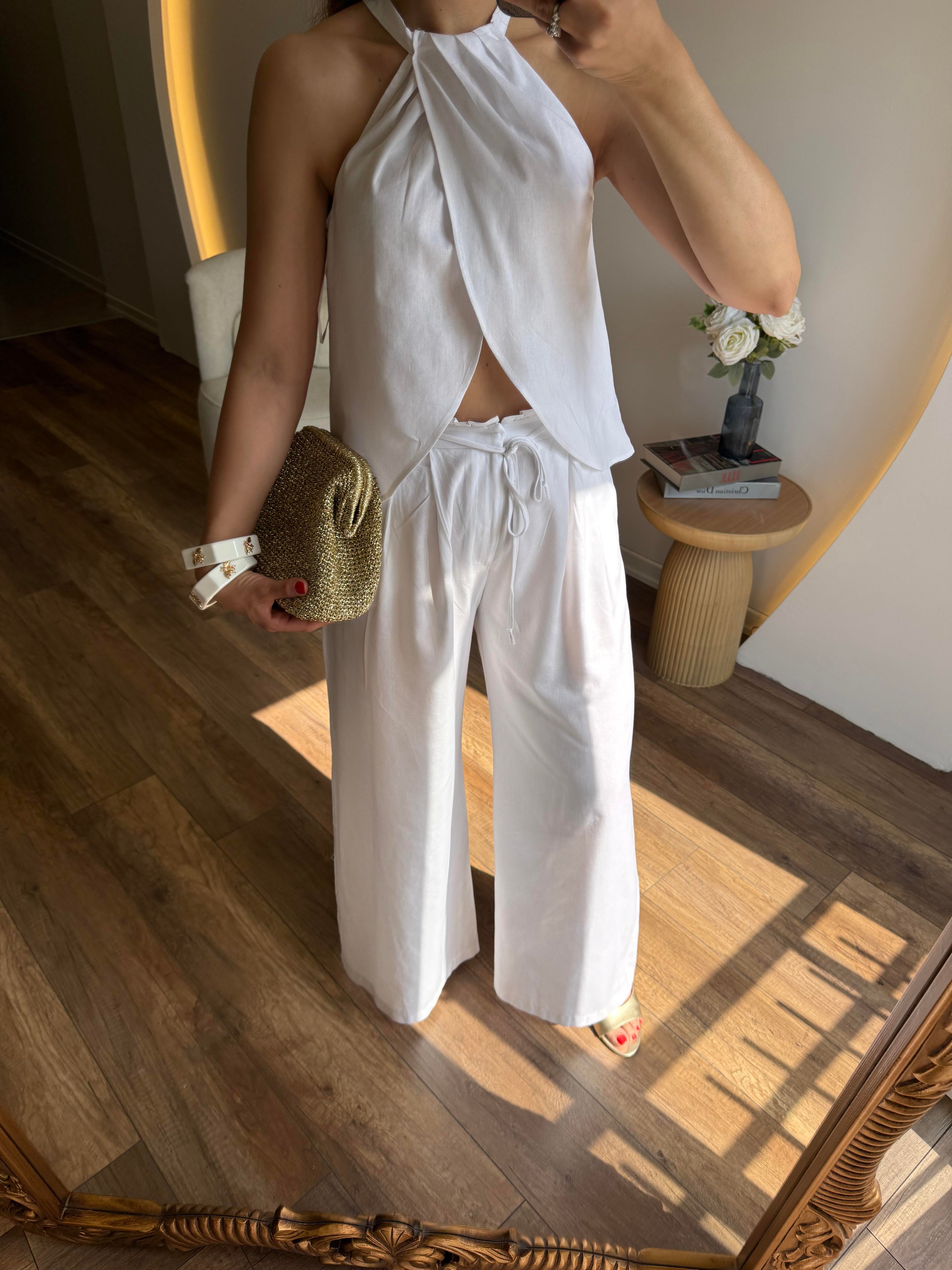10237 Boyundan Detaylı Pantolon Bluz Takım