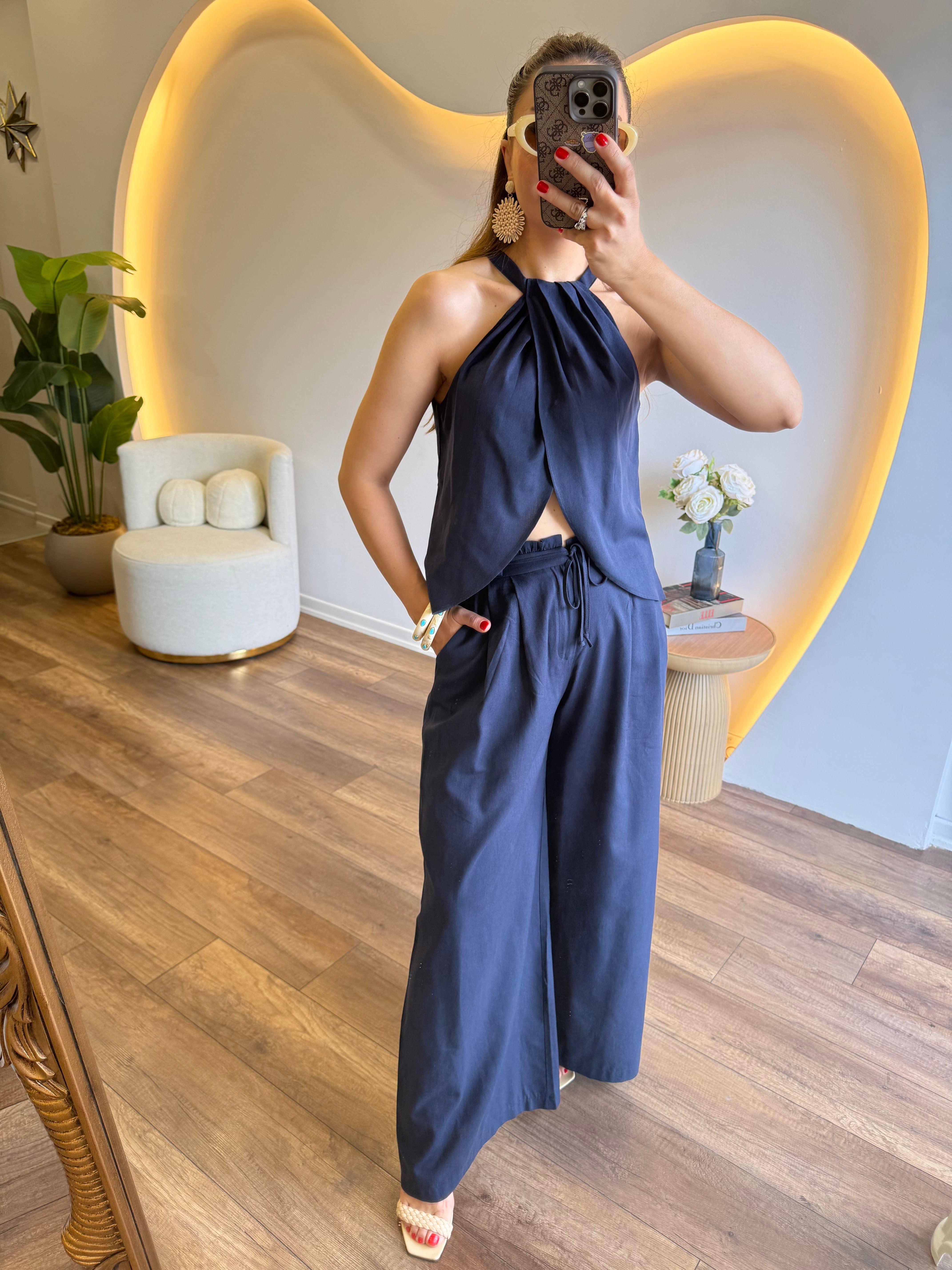 10237 Boyundan Detaylı Pantolon Bluz Takım