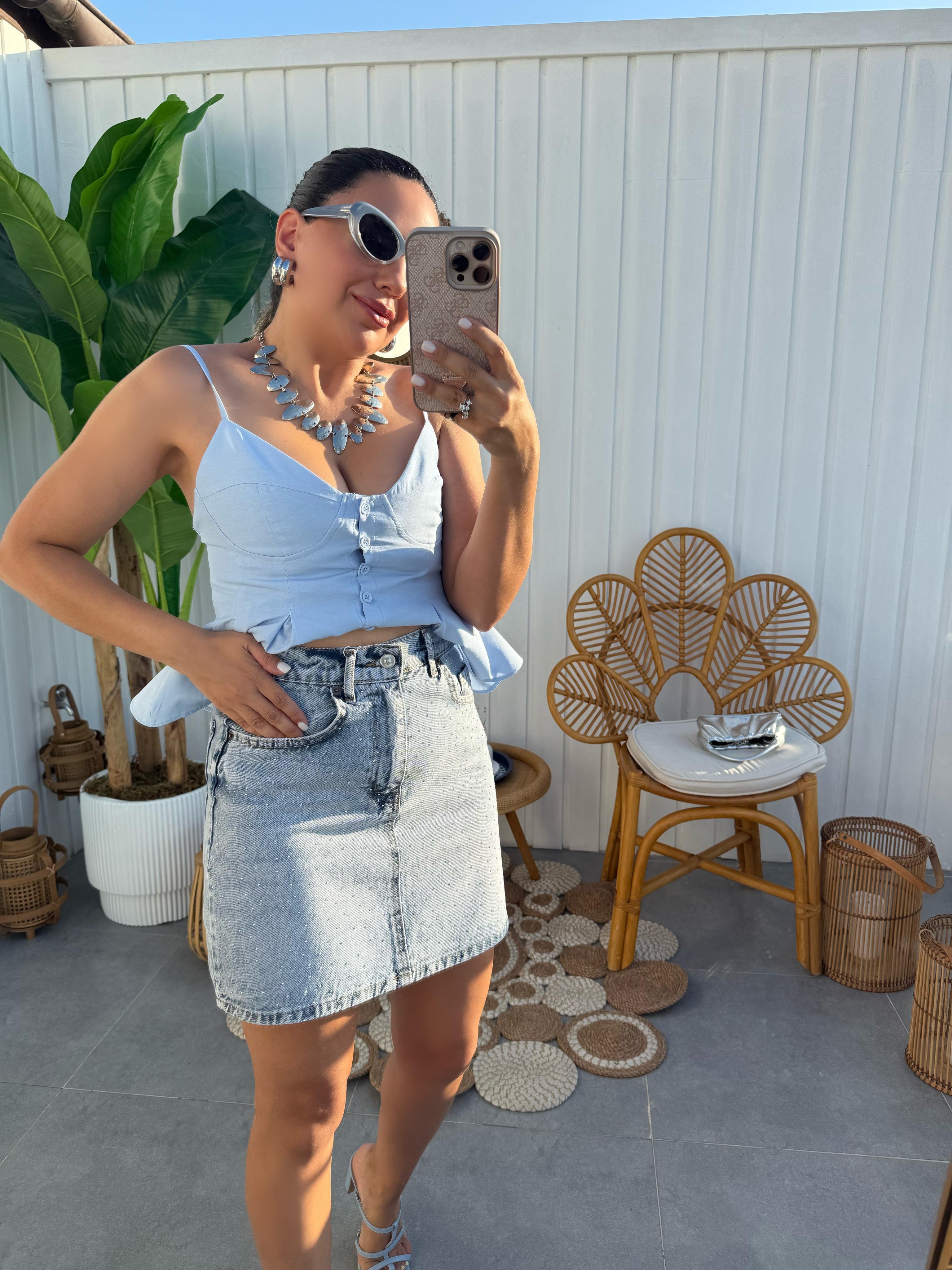 10275 Taşlı Mini Kot Etek