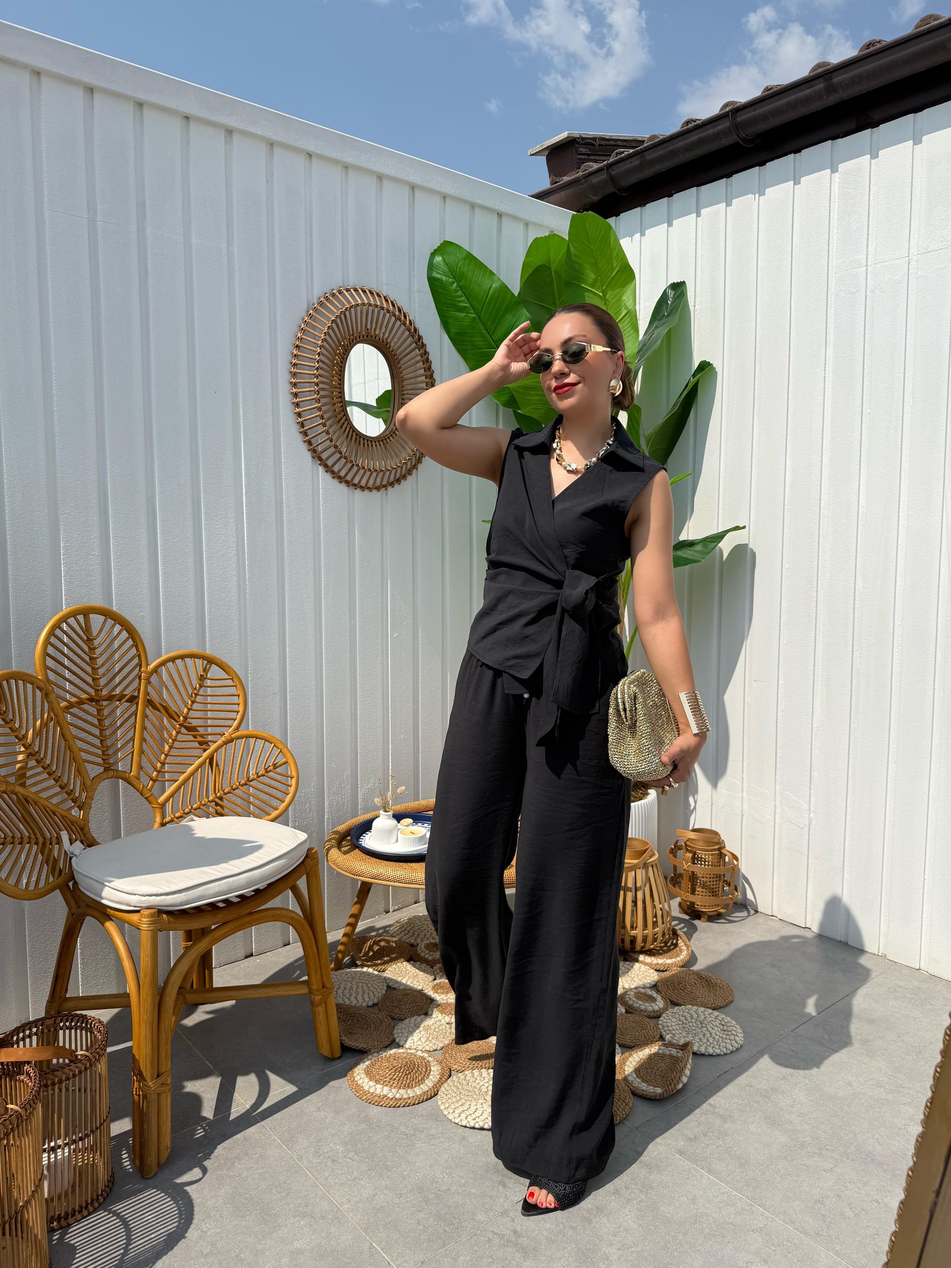 10292 Önden Bağlamalı Kolsuz Bluz Pantolon Takım