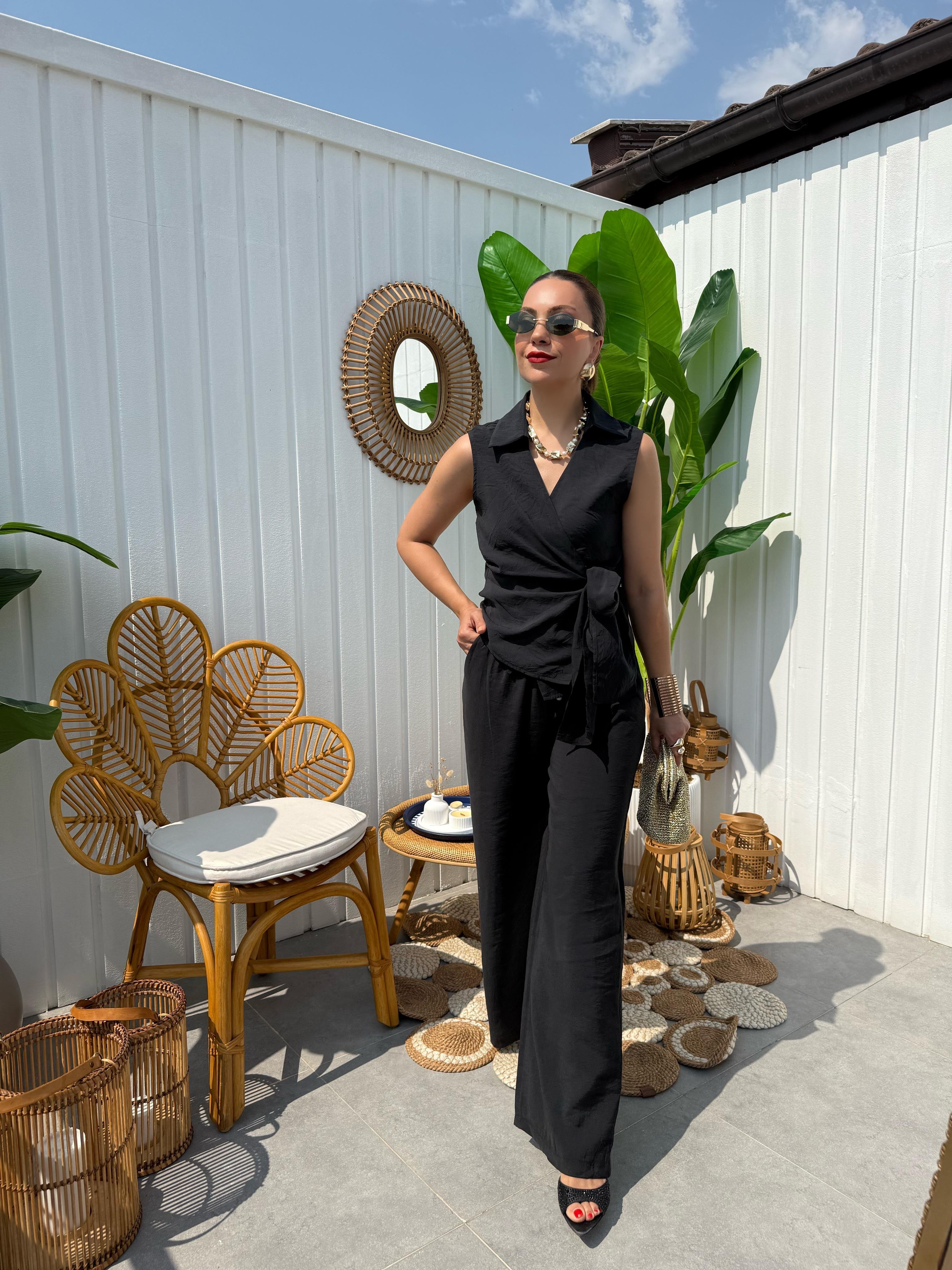 10292 Önden Bağlamalı Kolsuz Bluz Pantolon Takım