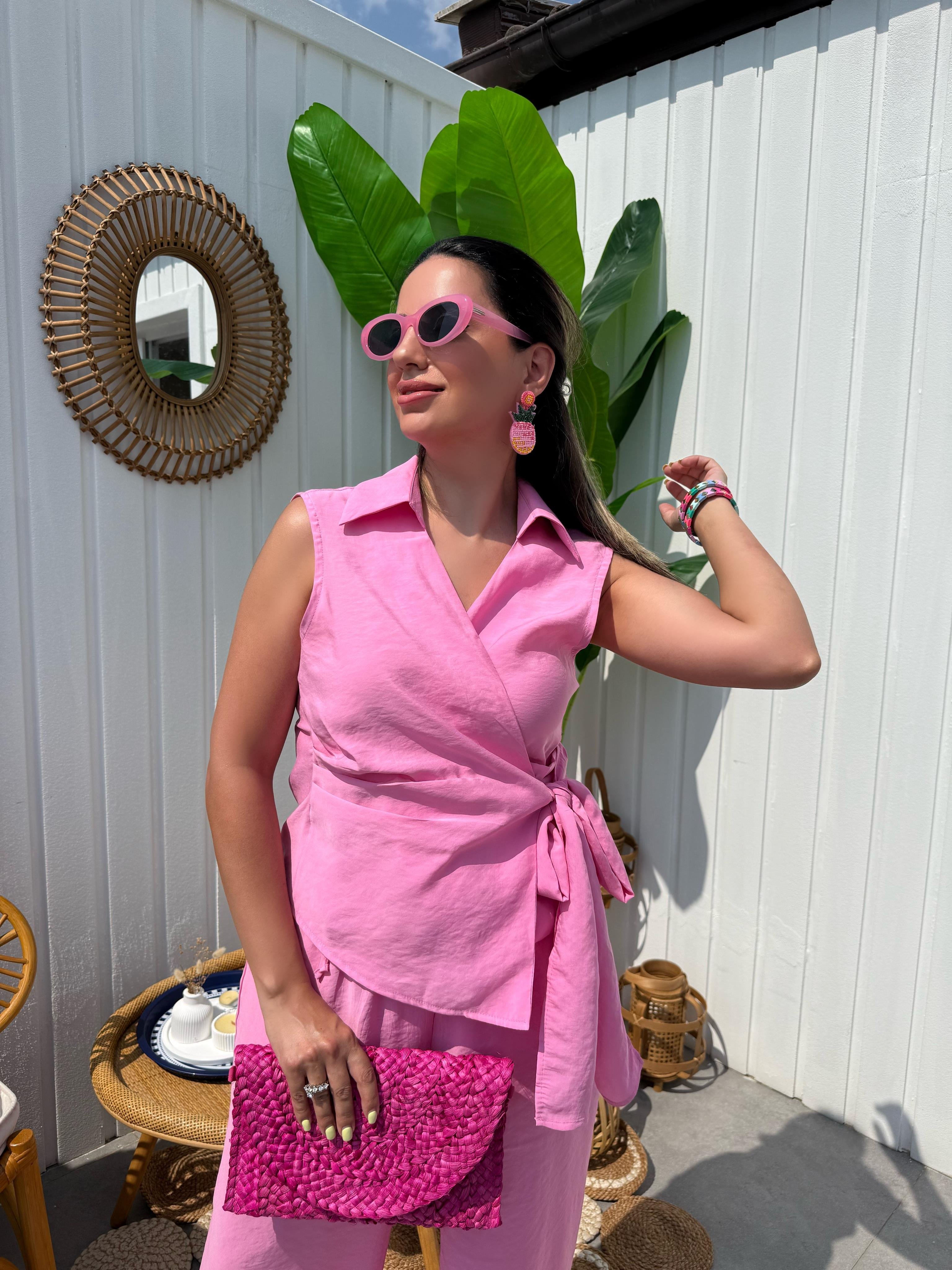 10292 Önden Bağlamalı Kolsuz Bluz Pantolon Takım