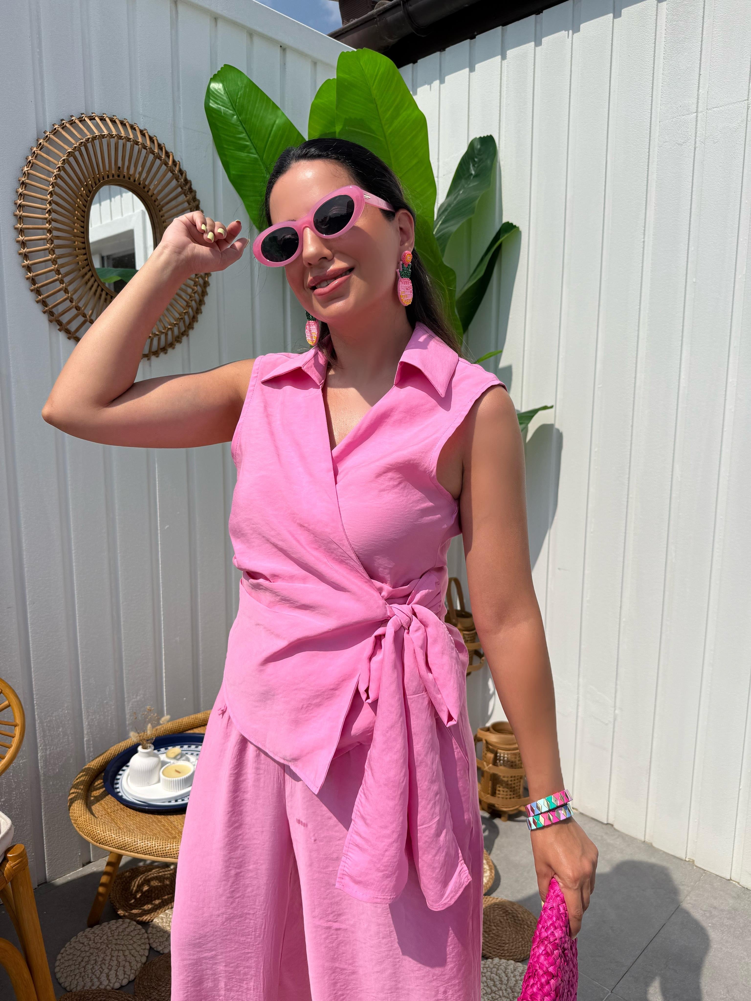 10292 Önden Bağlamalı Kolsuz Bluz Pantolon Takım